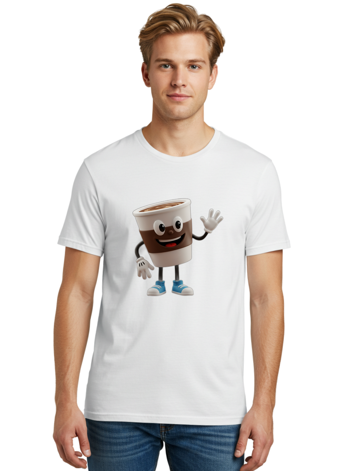Coffee-Cup-Character Men'S Graphic Tee, 100% Cotton, Comfortable Casual Summer Wear, Machine Washable, Cartoon Coffee Cup, Happy Face, Waving Hand, Blue Sneakers, Coffee Lover, Morning Pick-Me-Up, Animated Beverage, Friendly Character, Baa362