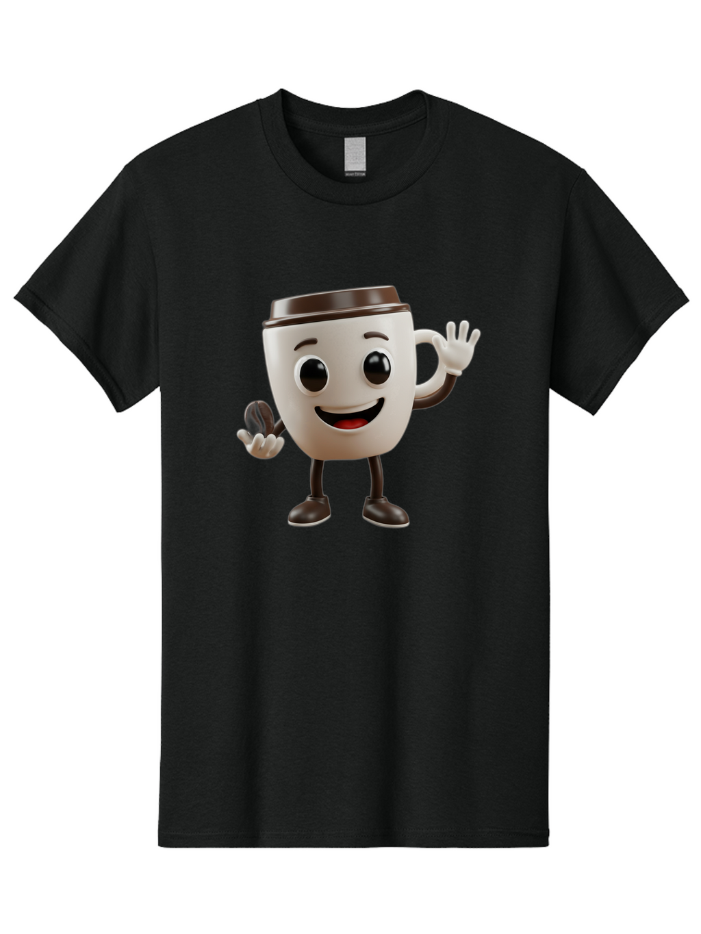 Coffee-Cup-Mascot Men'S Graphic Tee, 100% Cotton, Comfortable Casual Summer Wear, Machine Washable, Cartoon Coffee Cup, Smiling Face, Waving Hands, Black Accents, Coffee To Go, Playful Character, Morning Pick-Me-Up, Caffeinated Fun Baa363