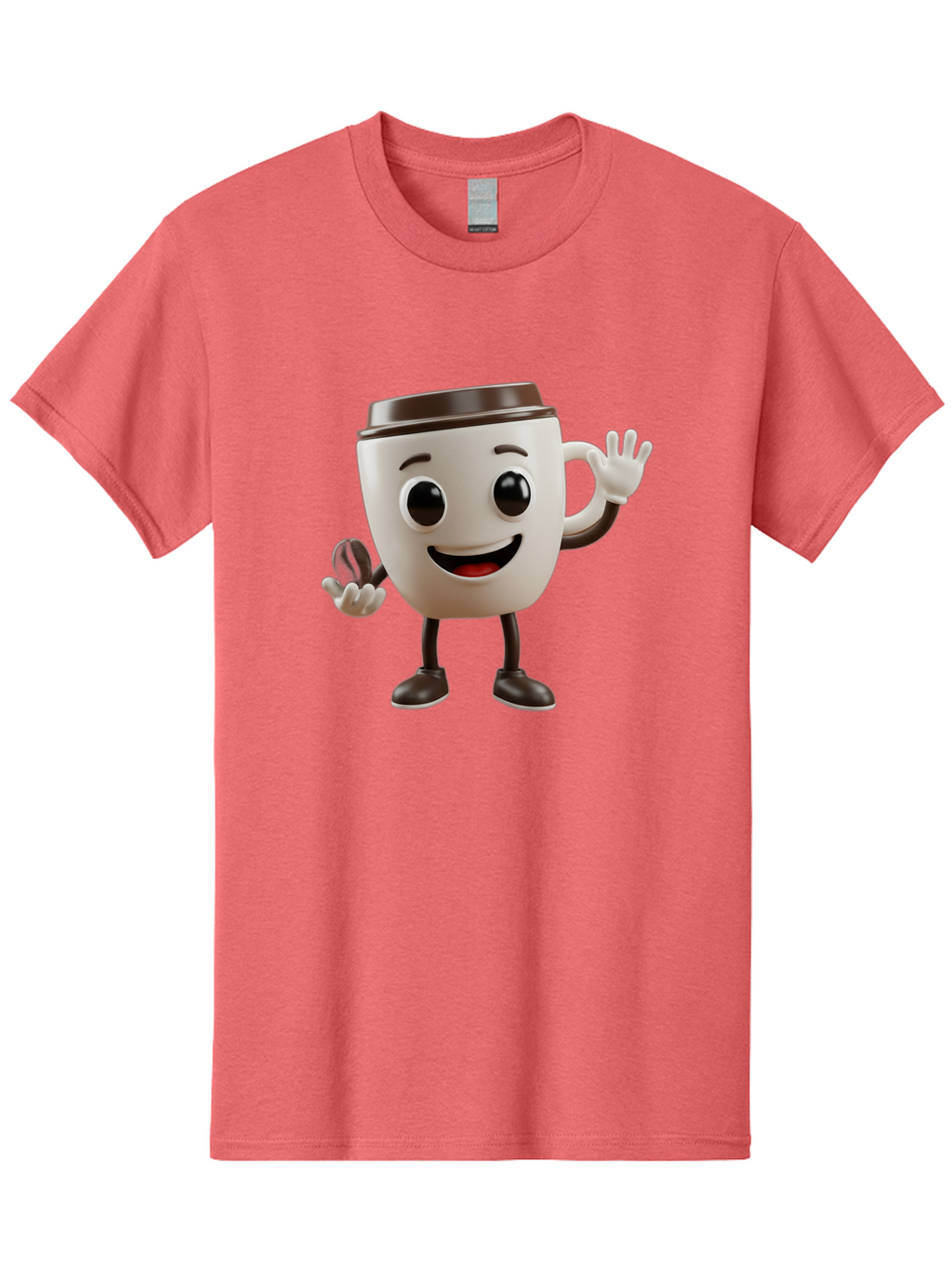 Coffee-Cup-Mascot Men'S Graphic Tee, 100% Cotton, Comfortable Casual Summer Wear, Machine Washable, Cartoon Coffee Cup, Smiling Face, Waving Hands, Black Accents, Coffee To Go, Playful Character, Morning Pick-Me-Up, Caffeinated Fun Baa363
