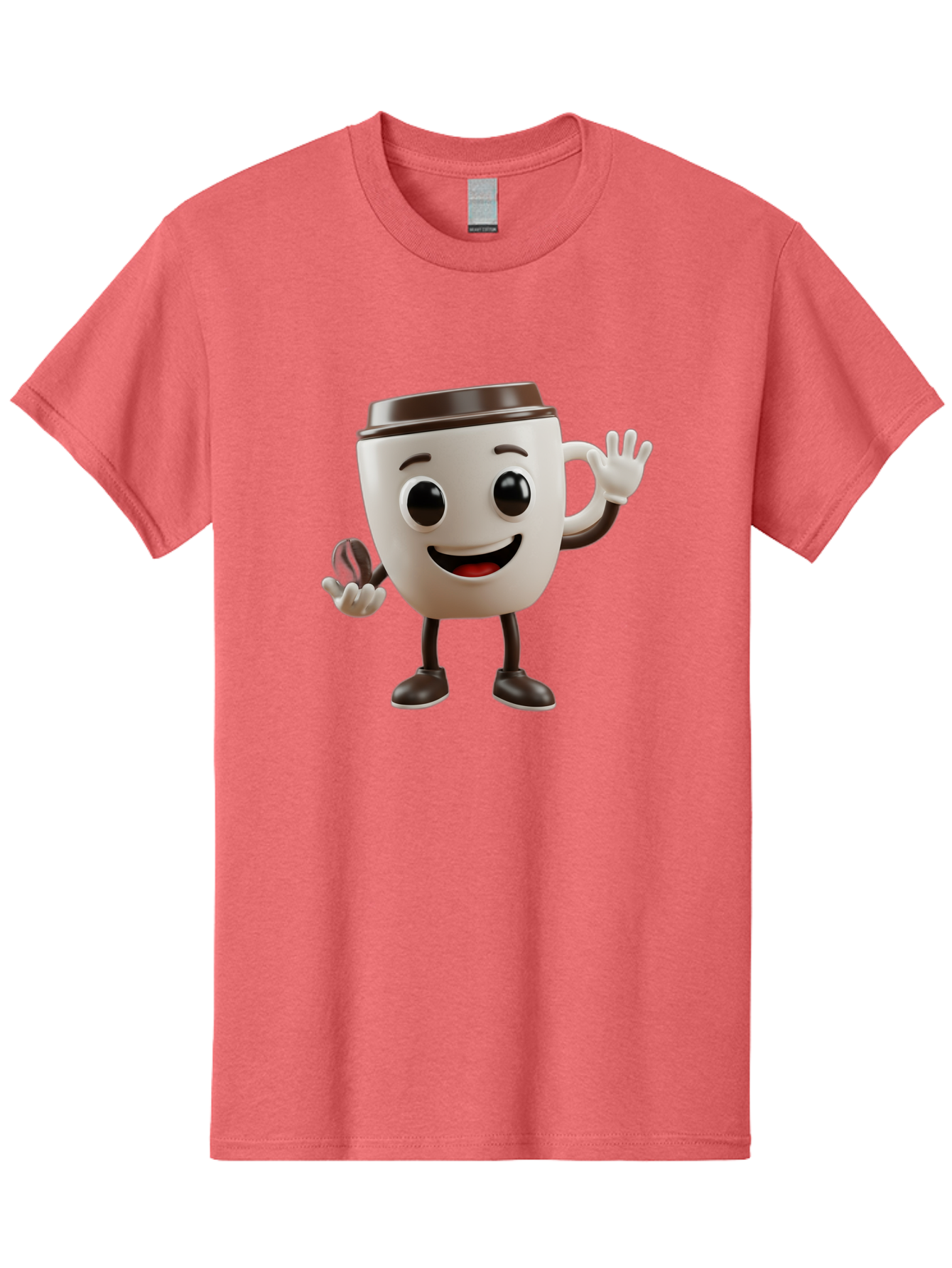 Coffee-Cup-Mascot Men'S Graphic Tee, 100% Cotton, Comfortable Casual Summer Wear, Machine Washable, Cartoon Coffee Cup, Smiling Face, Waving Hands, Black Accents, Coffee To Go, Playful Character, Morning Pick-Me-Up, Caffeinated Fun Baa363