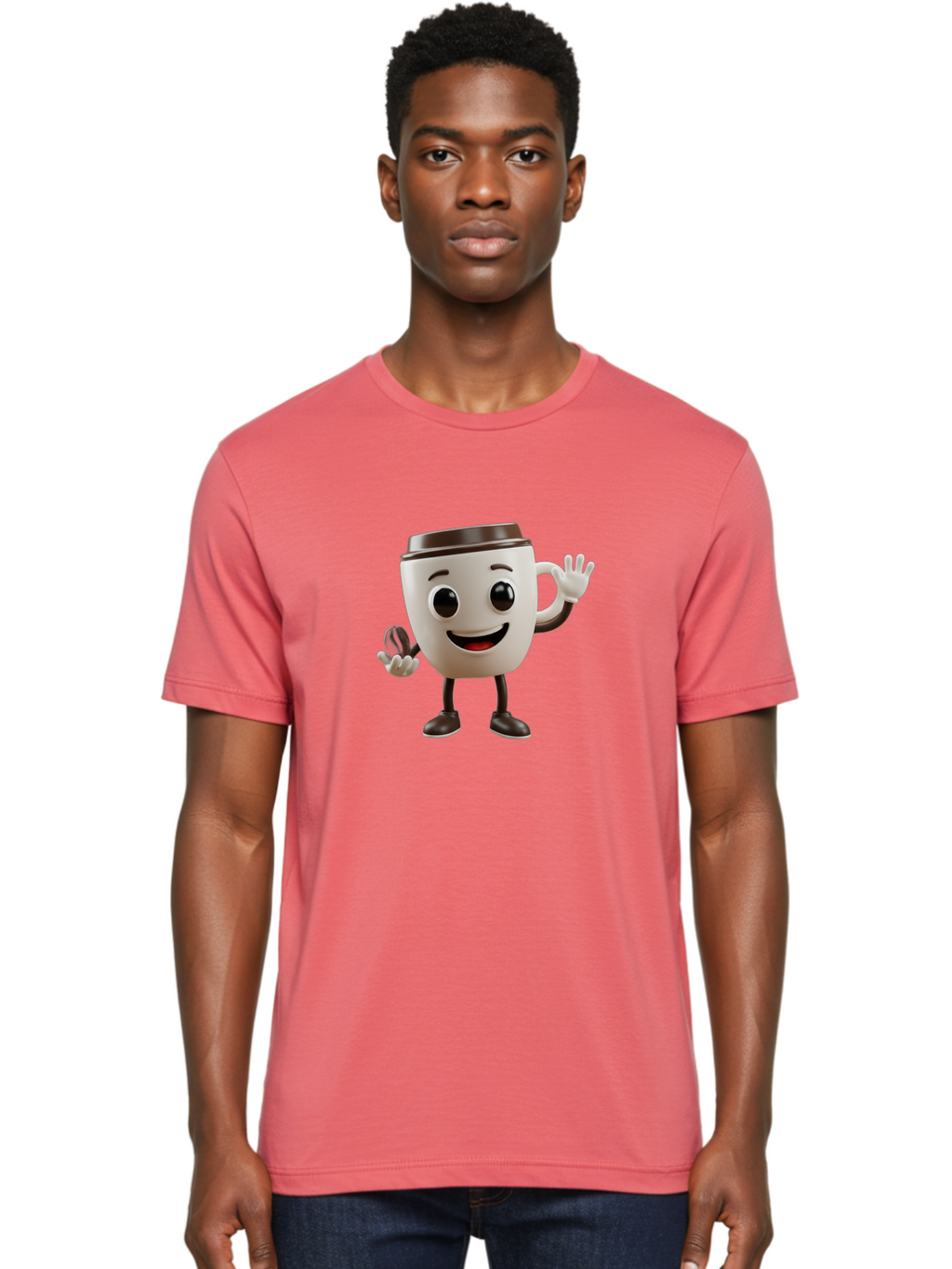 Coffee-Cup-Mascot Men'S Graphic Tee, 100% Cotton, Comfortable Casual Summer Wear, Machine Washable, Cartoon Coffee Cup, Smiling Face, Waving Hands, Black Accents, Coffee To Go, Playful Character, Morning Pick-Me-Up, Caffeinated Fun Baa363