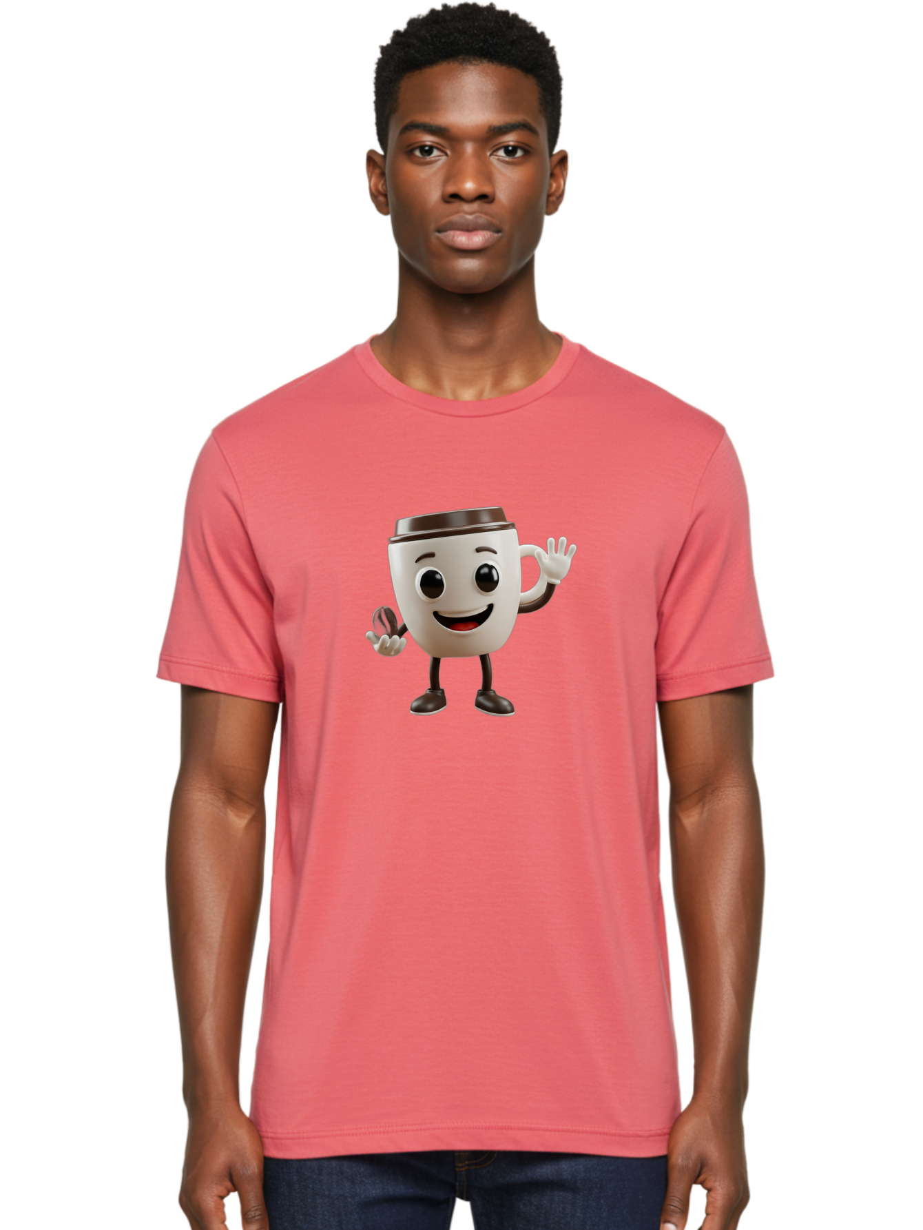 Coffee-Cup-Mascot Men'S Graphic Tee, 100% Cotton, Comfortable Casual Summer Wear, Machine Washable, Cartoon Coffee Cup, Smiling Face, Waving Hands, Black Accents, Coffee To Go, Playful Character, Morning Pick-Me-Up, Caffeinated Fun Baa363