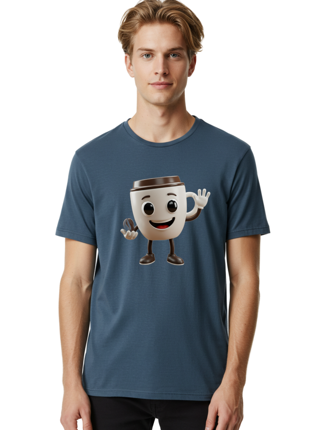 Coffee-Cup-Mascot Men'S Graphic Tee, 100% Cotton, Comfortable Casual Summer Wear, Machine Washable, Cartoon Coffee Cup, Smiling Face, Waving Hands, Black Accents, Coffee To Go, Playful Character, Morning Pick-Me-Up, Caffeinated Fun Baa363