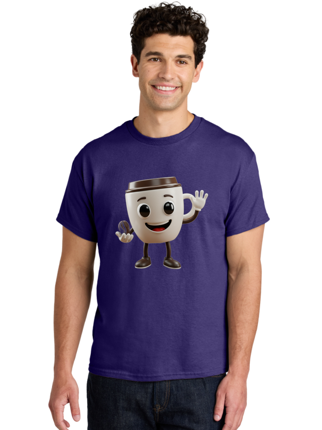 Coffee-Cup-Mascot Men'S Graphic Tee, 100% Cotton, Comfortable Casual Summer Wear, Machine Washable, Cartoon Coffee Cup, Smiling Face, Waving Hands, Black Accents, Coffee To Go, Playful Character, Morning Pick-Me-Up, Caffeinated Fun Baa363