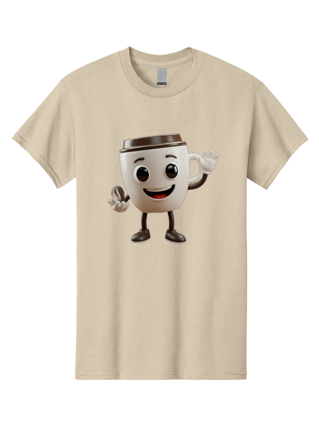 Coffee-Cup-Mascot Men'S Graphic Tee, 100% Cotton, Comfortable Casual Summer Wear, Machine Washable, Cartoon Coffee Cup, Smiling Face, Waving Hands, Black Accents, Coffee To Go, Playful Character, Morning Pick-Me-Up, Caffeinated Fun Baa363