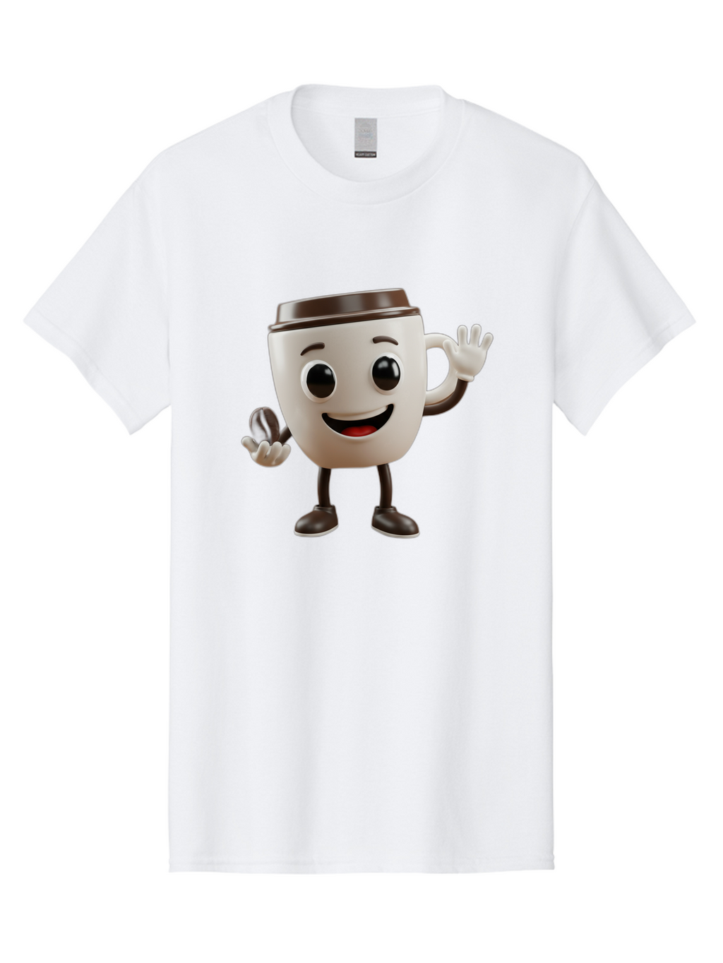 Coffee-Cup-Mascot Men'S Graphic Tee, 100% Cotton, Comfortable Casual Summer Wear, Machine Washable, Cartoon Coffee Cup, Smiling Face, Waving Hands, Black Accents, Coffee To Go, Playful Character, Morning Pick-Me-Up, Caffeinated Fun Baa363