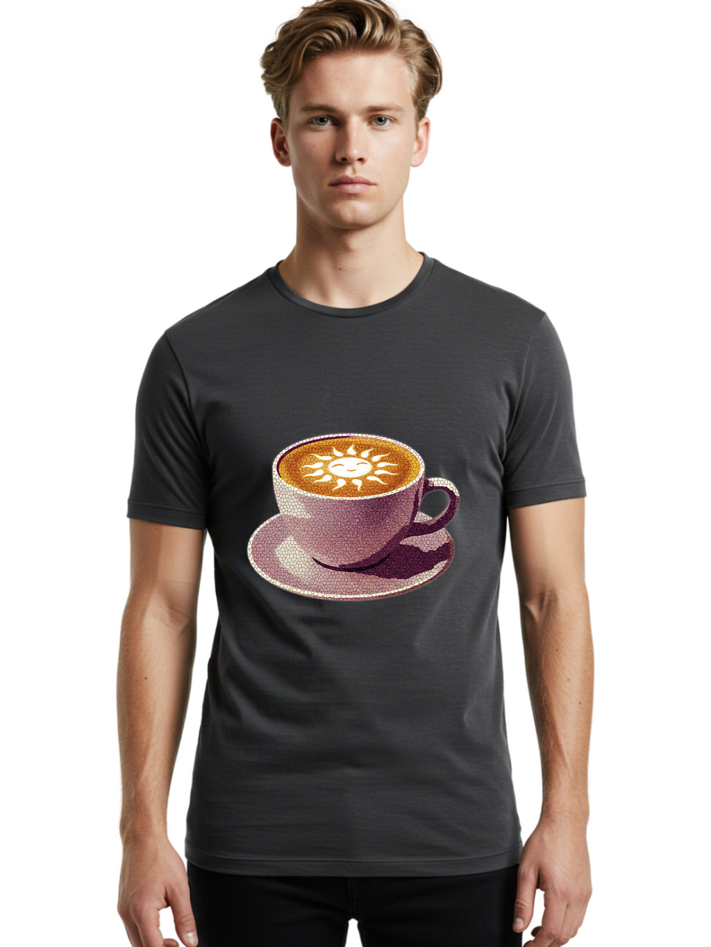 Coffee-Cup-Sun Men'S Graphic Tee, 100% Cotton, Comfortable Casual Summer Wear, Machine Washable, Coffee Cup, Latte Art, Sun Design, Heart Shape, Morning Coffee, Coffee Break, Espresso, Cafe Culture, Warm Beverage, Daily Grind Baa364