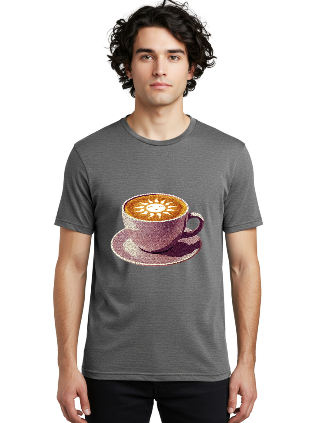 Coffee-Cup-Sun Men'S Graphic Tee, 100% Cotton, Comfortable Casual Summer Wear, Machine Washable, Coffee Cup, Latte Art, Sun Design, Heart Shape, Morning Coffee, Coffee Break, Espresso, Cafe Culture, Warm Beverage, Daily Grind Baa364
