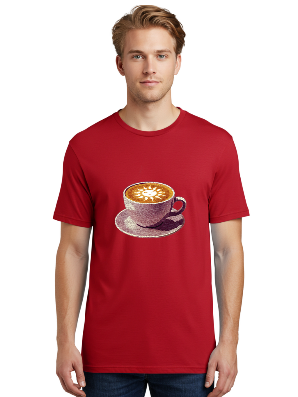 Coffee-Cup-Sun Men'S Graphic Tee, 100% Cotton, Comfortable Casual Summer Wear, Machine Washable, Coffee Cup, Latte Art, Sun Design, Heart Shape, Morning Coffee, Coffee Break, Espresso, Cafe Culture, Warm Beverage, Daily Grind Baa364