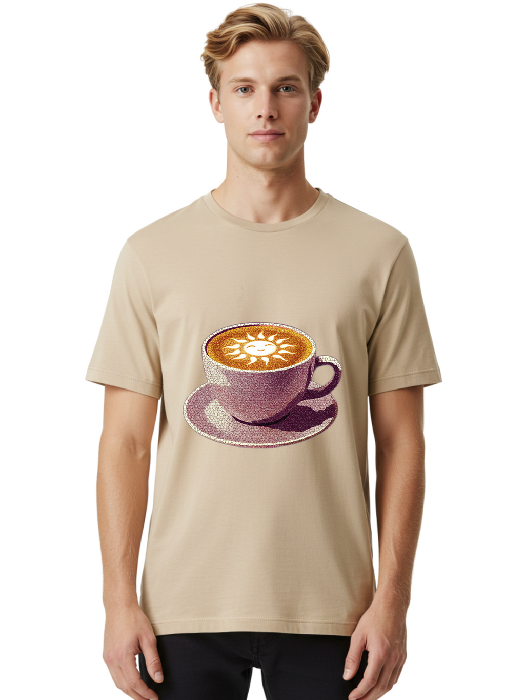 Coffee-Cup-Sun Men'S Graphic Tee, 100% Cotton, Comfortable Casual Summer Wear, Machine Washable, Coffee Cup, Latte Art, Sun Design, Heart Shape, Morning Coffee, Coffee Break, Espresso, Cafe Culture, Warm Beverage, Daily Grind Baa364