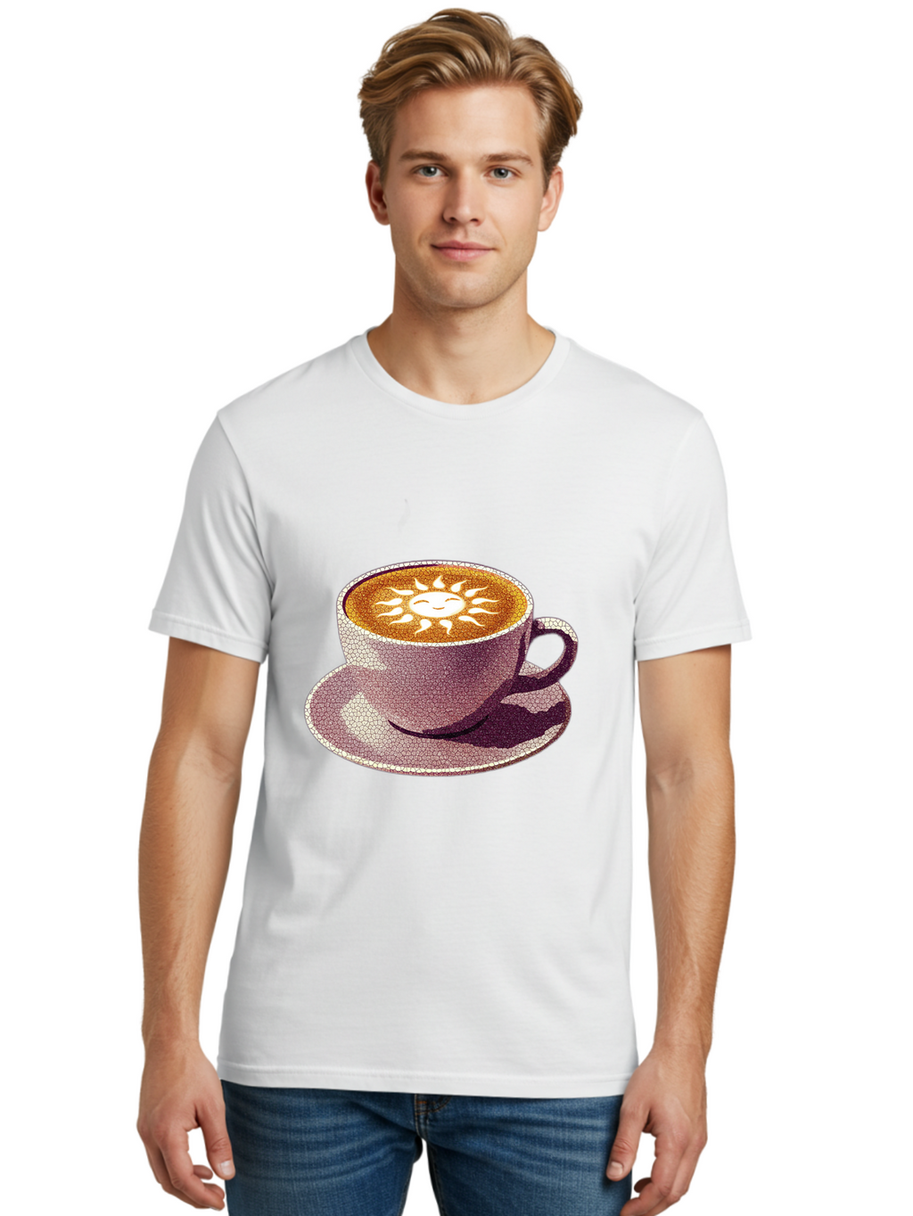 Coffee-Cup-Sun Men'S Graphic Tee, 100% Cotton, Comfortable Casual Summer Wear, Machine Washable, Coffee Cup, Latte Art, Sun Design, Heart Shape, Morning Coffee, Coffee Break, Espresso, Cafe Culture, Warm Beverage, Daily Grind Baa364