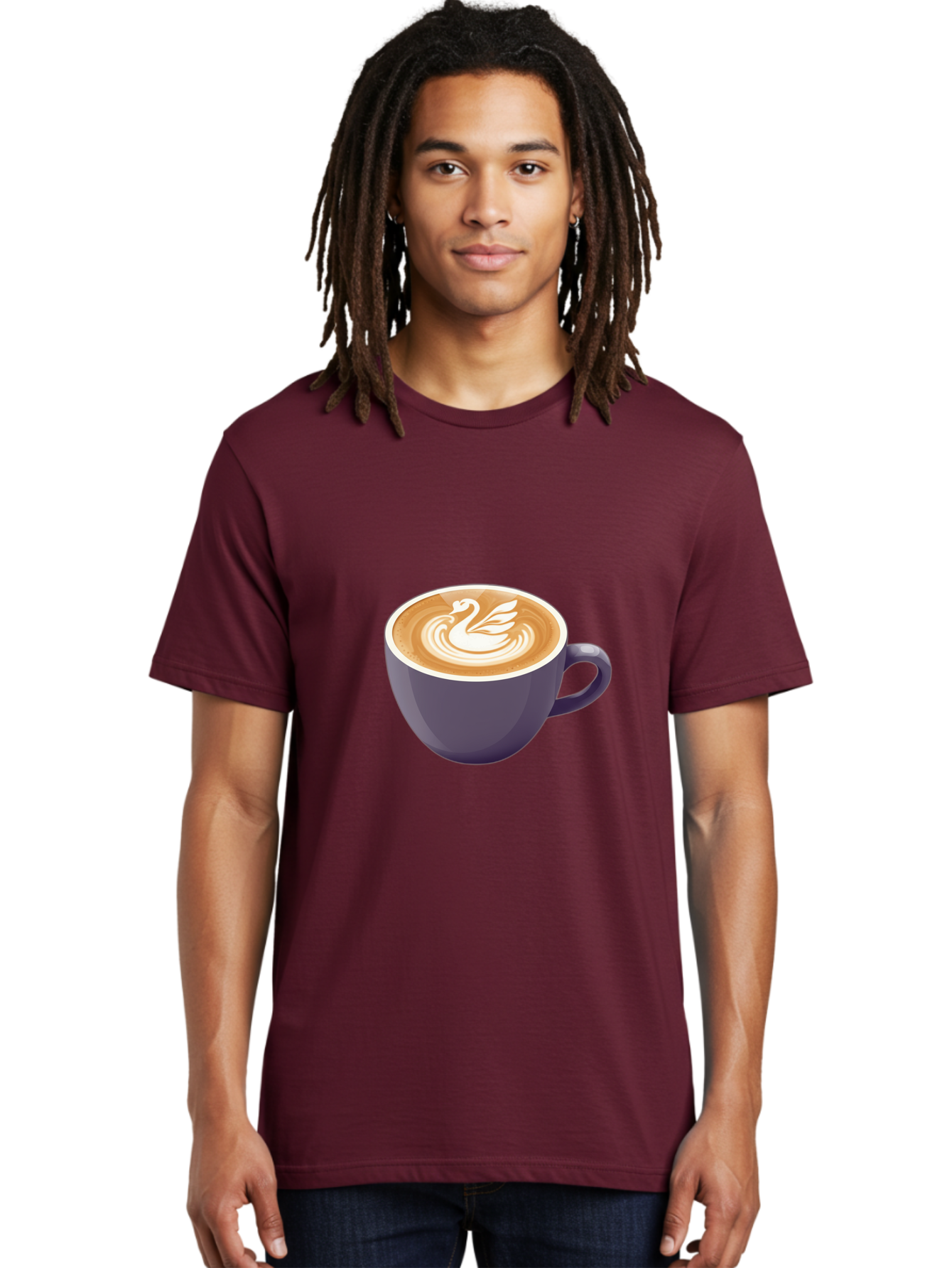 Coffee-Cup-With-Swan Men'S Graphic Tee, 100% Cotton, Comfortable Casual Summer Wear, Machine Washable, Coffee Cup, Cappuccino, Latte Art, Swan Design, Purple Cup, White Foam, Coffee Drink, Cafe Culture, Morning Coffee, Coffee Lover Baa365