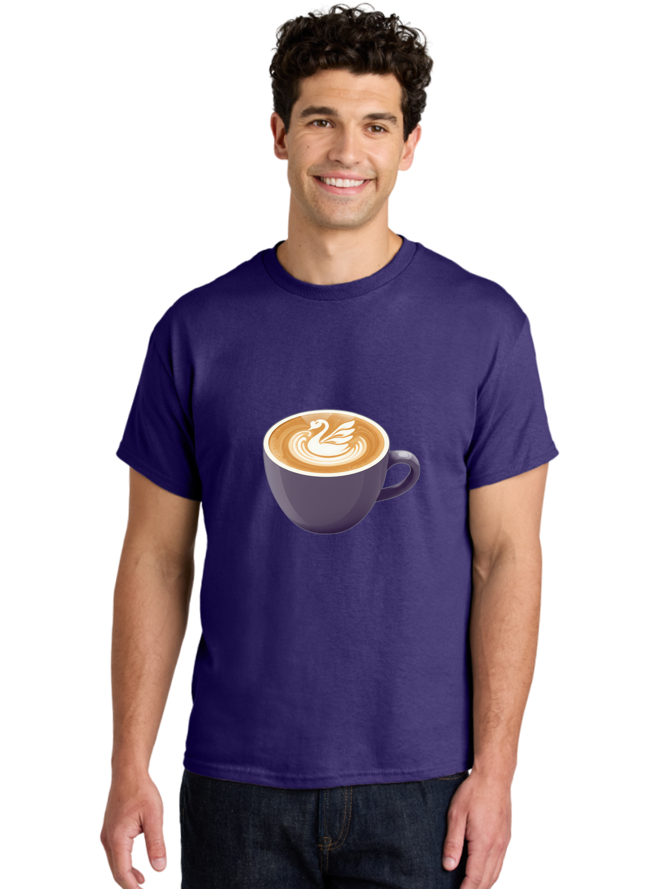Coffee-Cup-With-Swan Men'S Graphic Tee, 100% Cotton, Comfortable Casual Summer Wear, Machine Washable, Coffee Cup, Cappuccino, Latte Art, Swan Design, Purple Cup, White Foam, Coffee Drink, Cafe Culture, Morning Coffee, Coffee Lover Baa365