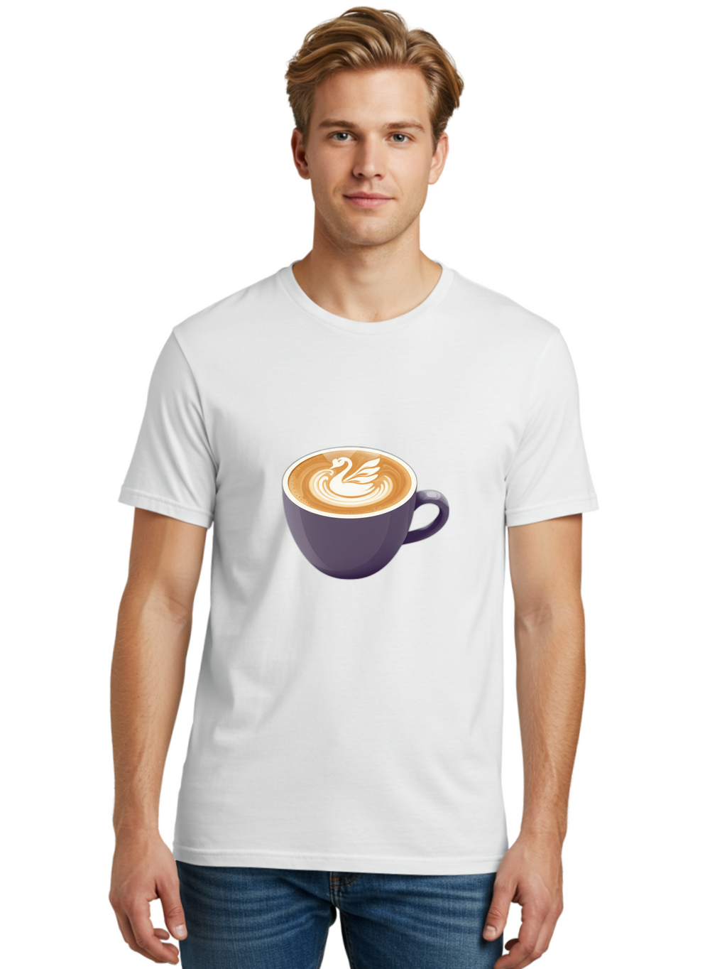 Coffee-Cup-With-Swan Men'S Graphic Tee, 100% Cotton, Comfortable Casual Summer Wear, Machine Washable, Coffee Cup, Cappuccino, Latte Art, Swan Design, Purple Cup, White Foam, Coffee Drink, Cafe Culture, Morning Coffee, Coffee Lover Baa365