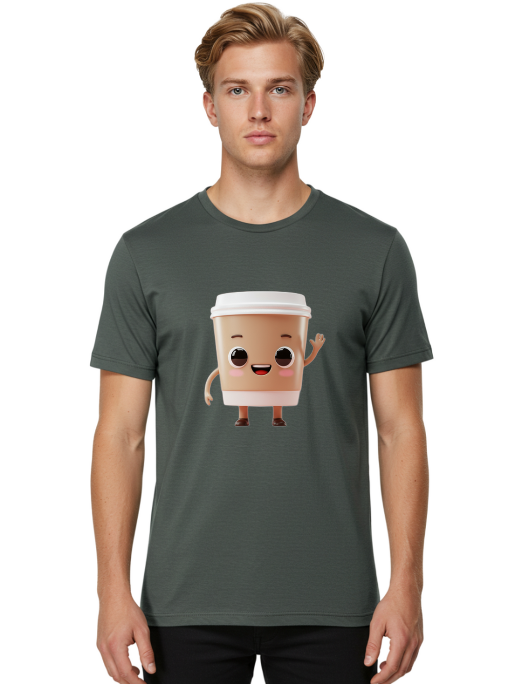 Coffee-Cup Men'S Graphic Tee, 100% Cotton, Comfortable Casual Summer Wear, Machine Washable, Cartoon Coffee Cup, Anthropomorphic Character, Smiling Face, Friendly Gesture, Happy Expression, 3D Illustration, Coffee Culture, Morning Pick-Me-Up, Baa366