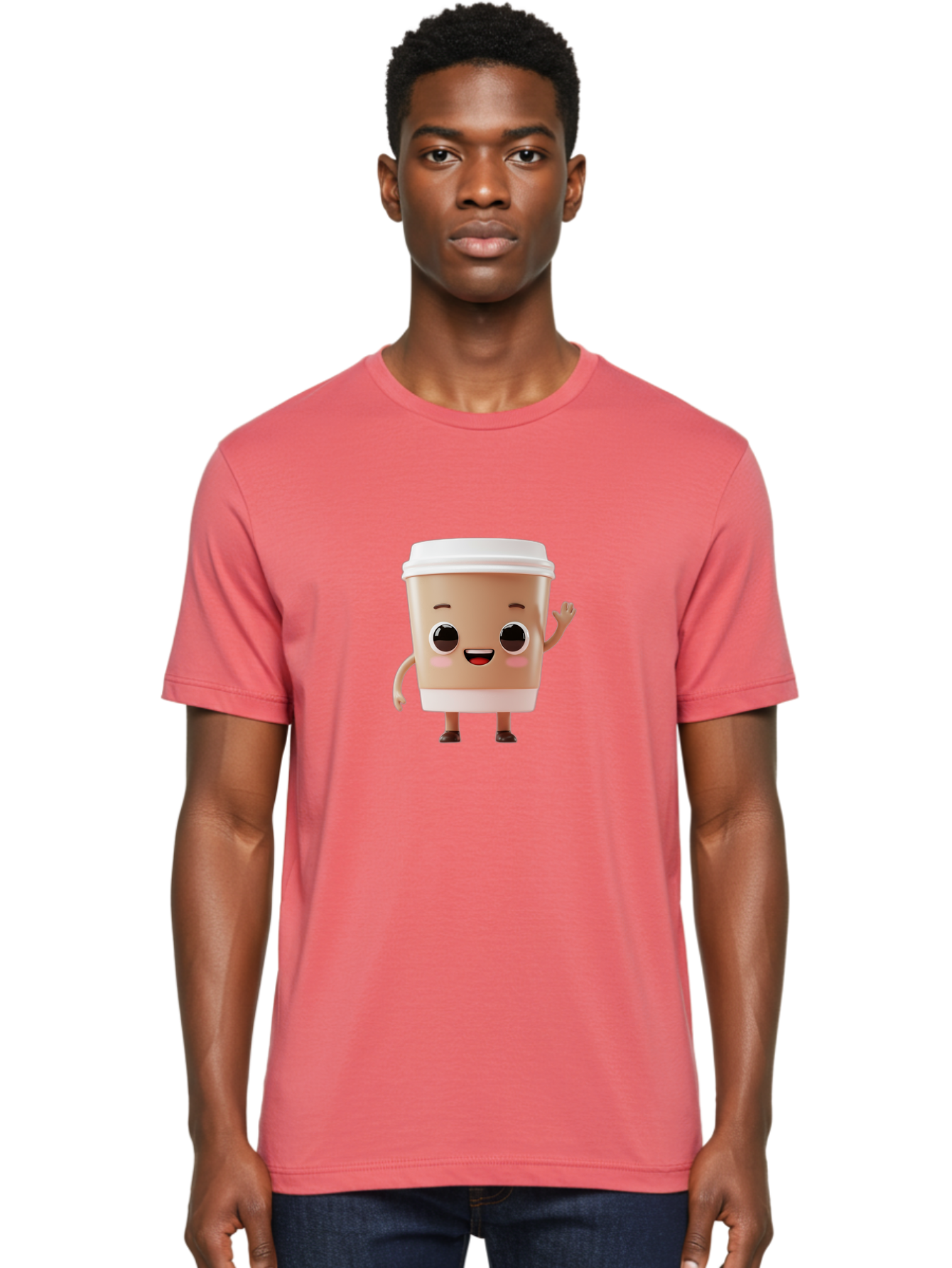 Coffee-Cup Men'S Graphic Tee, 100% Cotton, Comfortable Casual Summer Wear, Machine Washable, Cartoon Coffee Cup, Anthropomorphic Character, Smiling Face, Friendly Gesture, Happy Expression, 3D Illustration, Coffee Culture, Morning Pick-Me-Up, Baa366