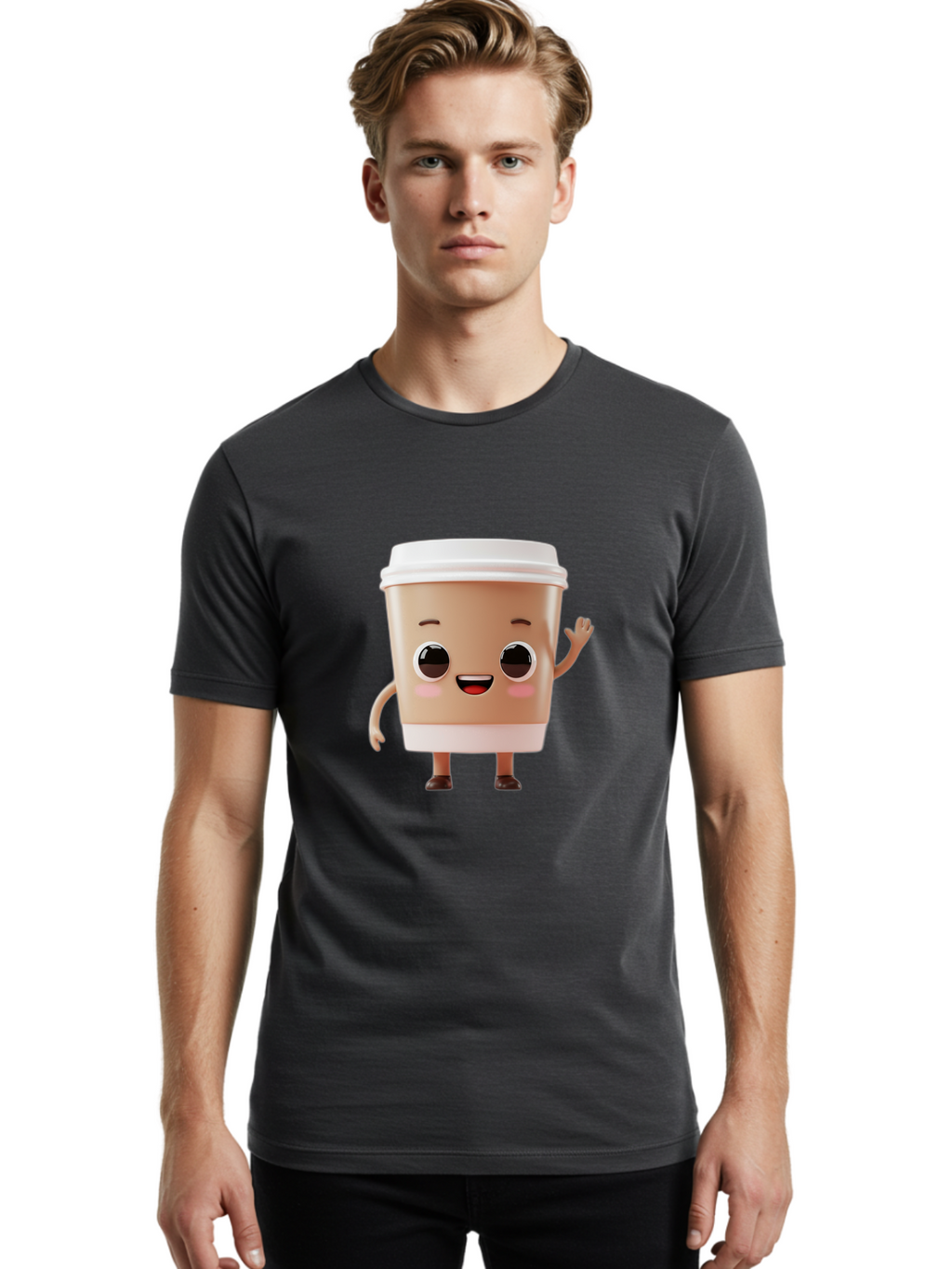 Coffee-Cup Men'S Graphic Tee, 100% Cotton, Comfortable Casual Summer Wear, Machine Washable, Cartoon Coffee Cup, Anthropomorphic Character, Smiling Face, Friendly Gesture, Happy Expression, 3D Illustration, Coffee Culture, Morning Pick-Me-Up, Baa366