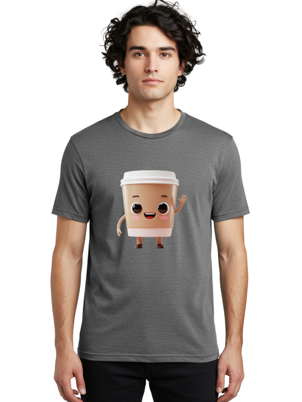 Coffee-Cup Men'S Graphic Tee, 100% Cotton, Comfortable Casual Summer Wear, Machine Washable, Cartoon Coffee Cup, Anthropomorphic Character, Smiling Face, Friendly Gesture, Happy Expression, 3D Illustration, Coffee Culture, Morning Pick-Me-Up, Baa366