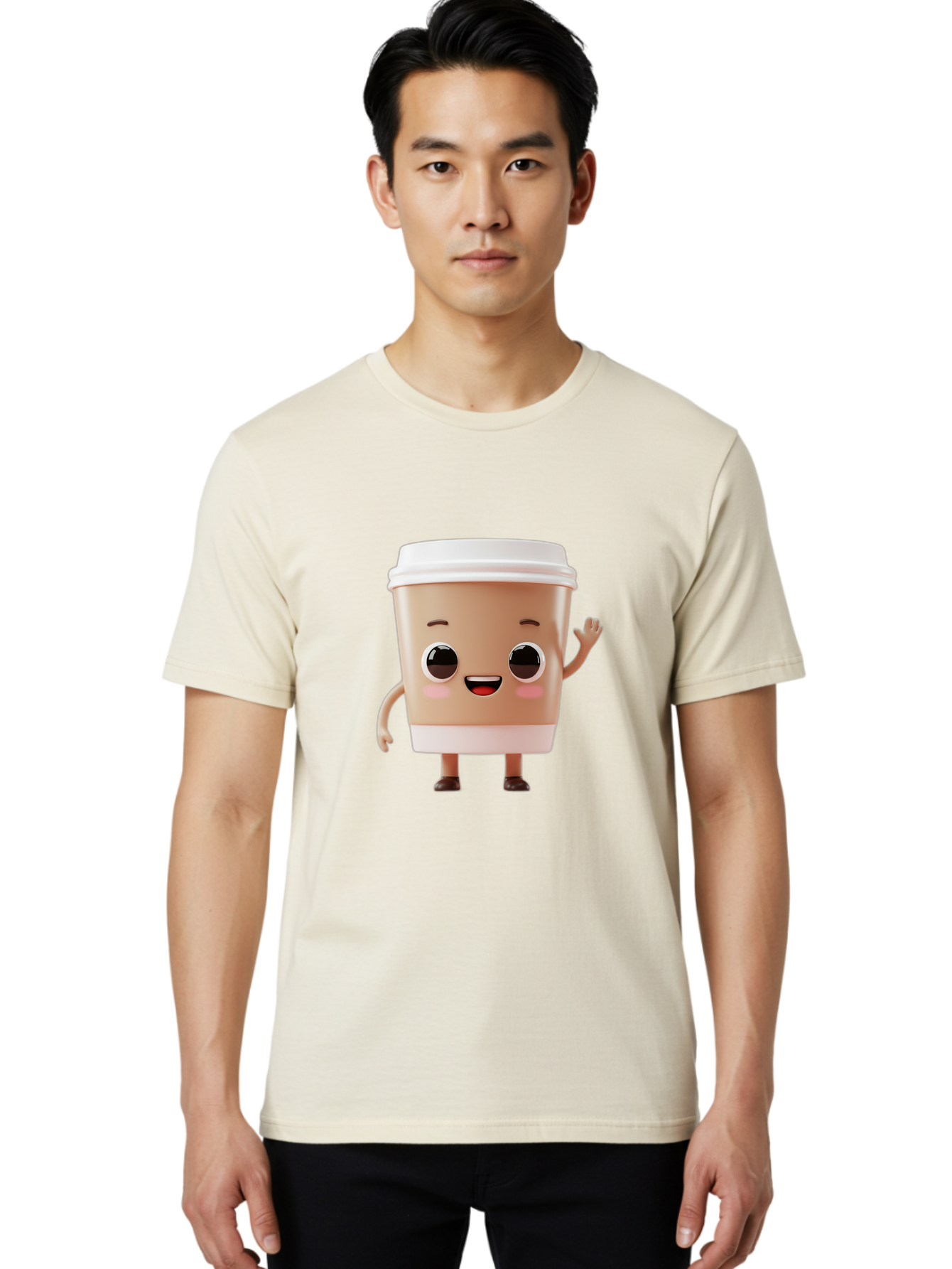 Coffee-Cup Men'S Graphic Tee, 100% Cotton, Comfortable Casual Summer Wear, Machine Washable, Cartoon Coffee Cup, Anthropomorphic Character, Smiling Face, Friendly Gesture, Happy Expression, 3D Illustration, Coffee Culture, Morning Pick-Me-Up, Baa366