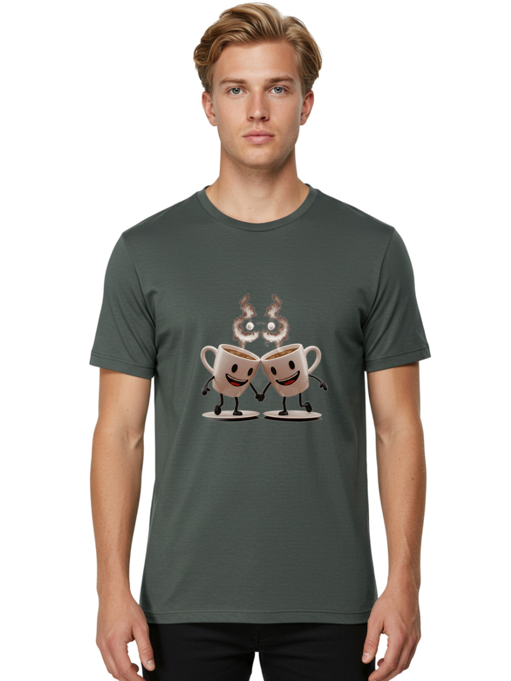 Coffee-Cups-2 Men'S Graphic Tee, 100% Cotton, Comfortable Casual Summer Wear, Machine Washable, Cartoon Coffee Cups Holding Hands, Smiling Faces, Coffee Steam, Adorable Characters, Quirky Illustration, Playful Design, Coffee Lovers, Baa368