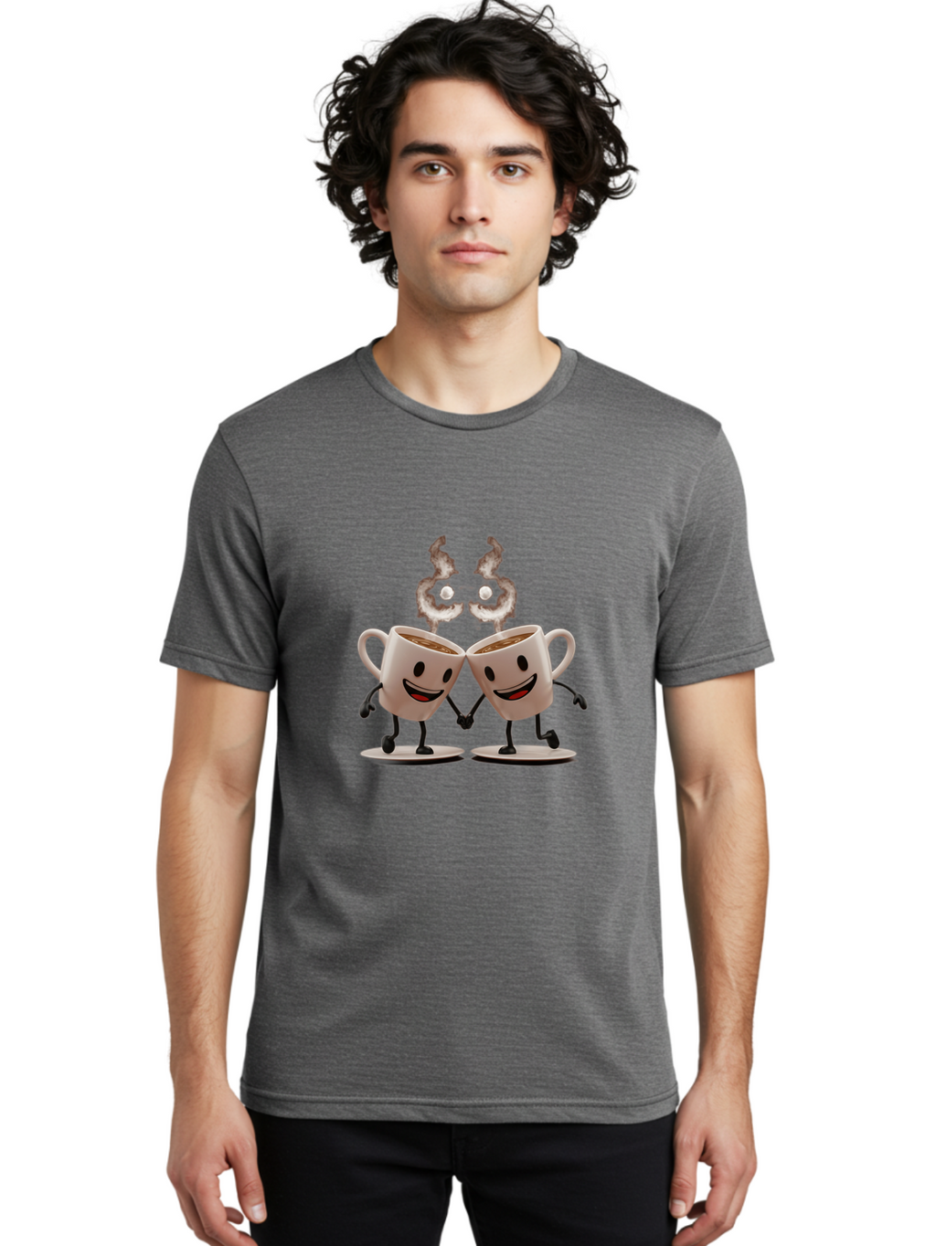 Coffee-Cups-2 Men'S Graphic Tee, 100% Cotton, Comfortable Casual Summer Wear, Machine Washable, Cartoon Coffee Cups Holding Hands, Smiling Faces, Coffee Steam, Adorable Characters, Quirky Illustration, Playful Design, Coffee Lovers, Baa368