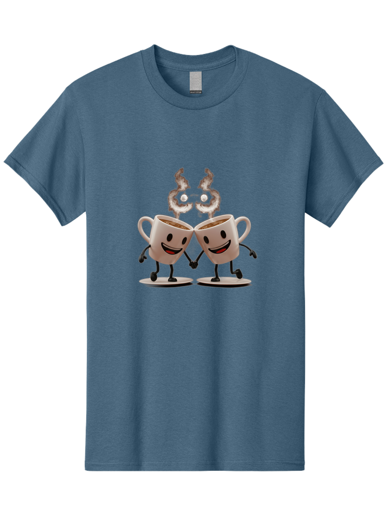 Coffee-Cups-2 Men'S Graphic Tee, 100% Cotton, Comfortable Casual Summer Wear, Machine Washable, Cartoon Coffee Cups Holding Hands, Smiling Faces, Coffee Steam, Adorable Characters, Quirky Illustration, Playful Design, Coffee Lovers, Baa368