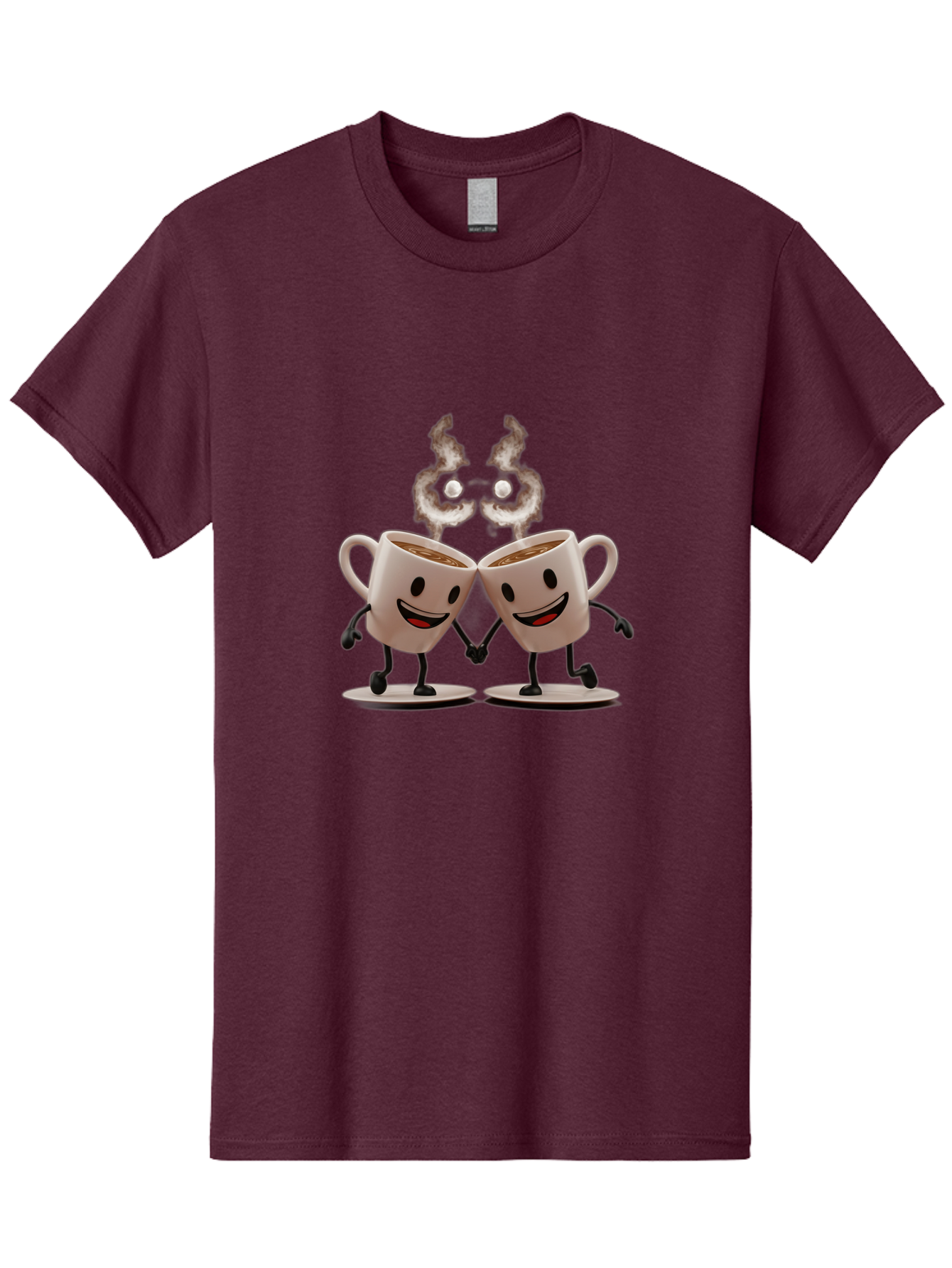 Coffee-Cups-2 Men'S Graphic Tee, 100% Cotton, Comfortable Casual Summer Wear, Machine Washable, Cartoon Coffee Cups Holding Hands, Smiling Faces, Coffee Steam, Adorable Characters, Quirky Illustration, Playful Design, Coffee Lovers, Baa368