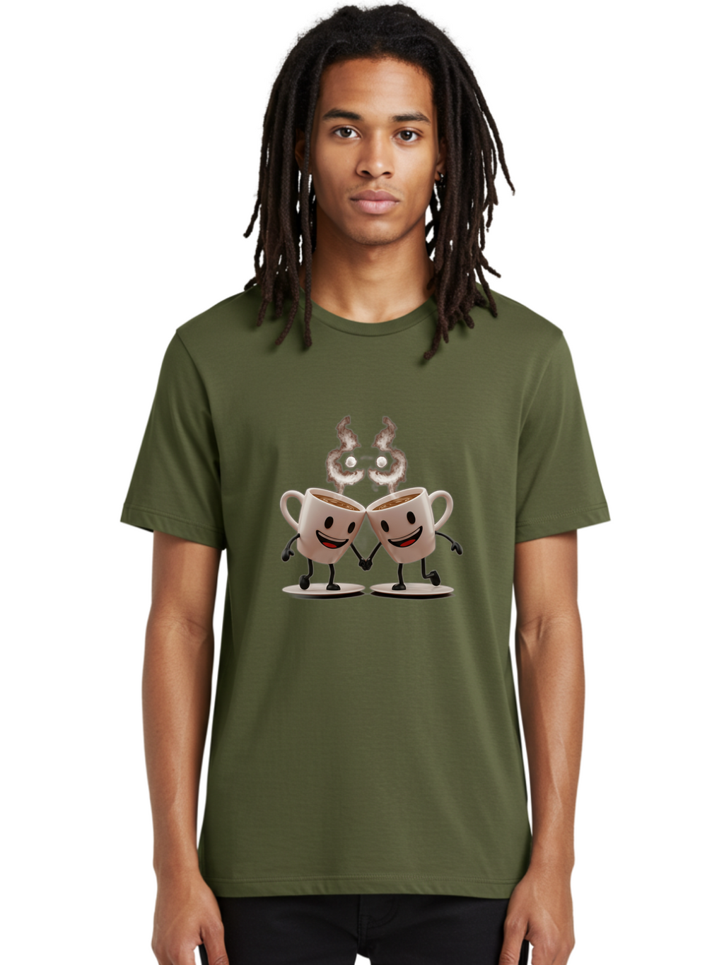 Coffee-Cups-2 Men'S Graphic Tee, 100% Cotton, Comfortable Casual Summer Wear, Machine Washable, Cartoon Coffee Cups Holding Hands, Smiling Faces, Coffee Steam, Adorable Characters, Quirky Illustration, Playful Design, Coffee Lovers, Baa368
