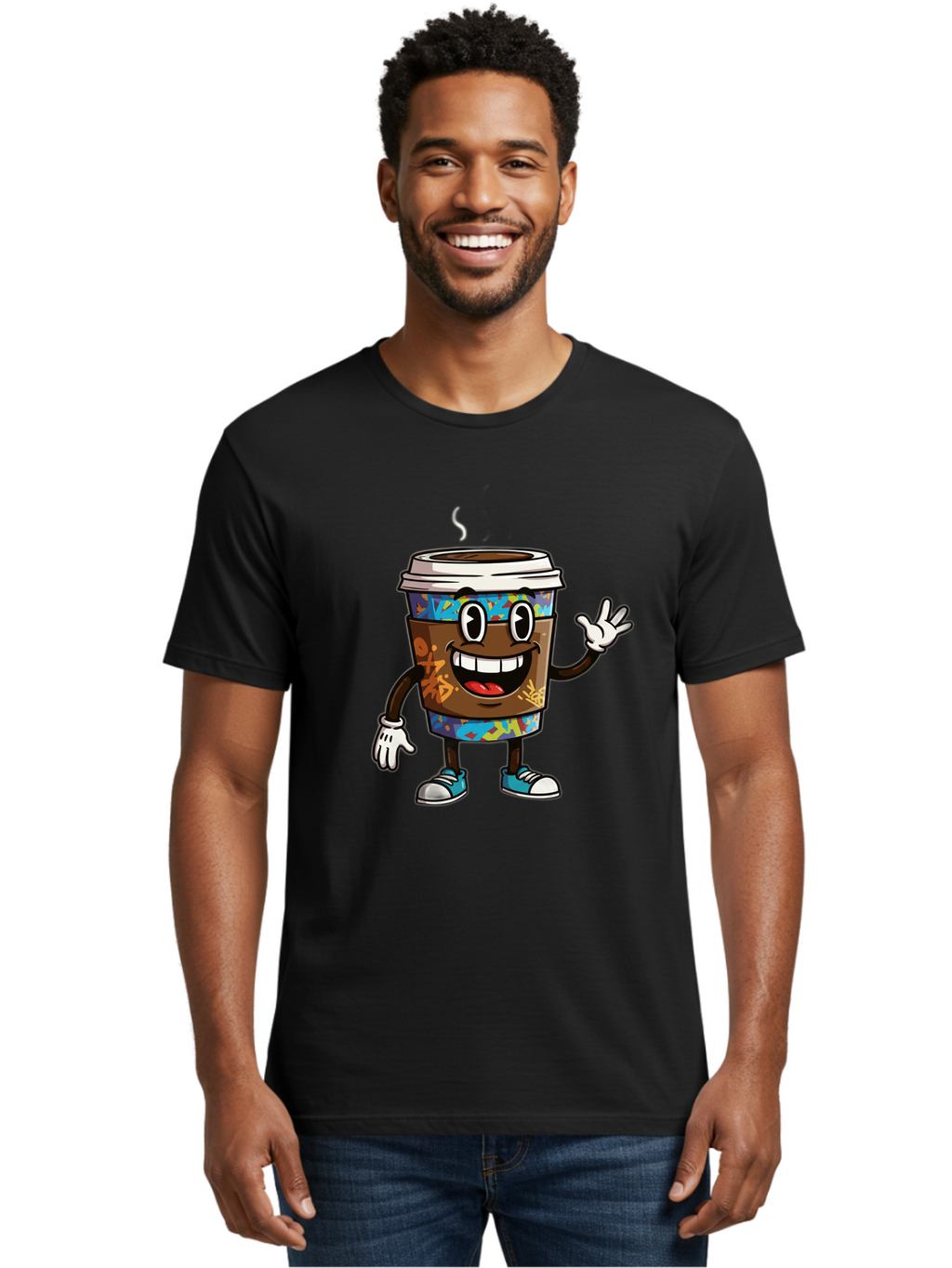 Coffee-Mug-Character Men'S Graphic Tee, 100% Cotton, Comfortable Casual Summer Wear, Machine Washable, Cartoon Personified Coffee Cup, Brown Coffee Cup Character, Smiling Coffee, Coffee Cup Mascot, Positive Vibes, Waving Coffee Cup, Baa378