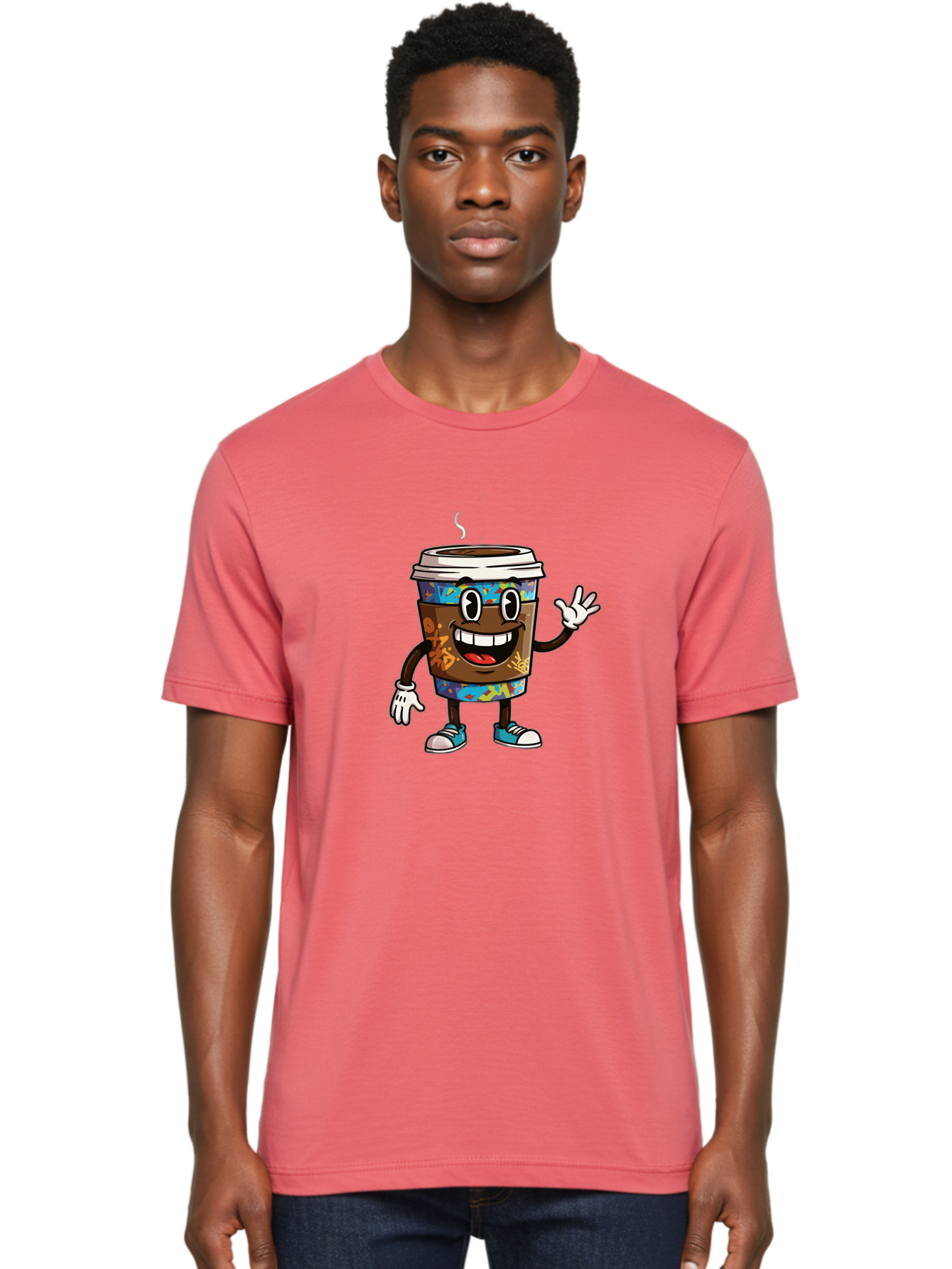 Coffee-Mug-Character Men'S Graphic Tee, 100% Cotton, Comfortable Casual Summer Wear, Machine Washable, Cartoon Personified Coffee Cup, Brown Coffee Cup Character, Smiling Coffee, Coffee Cup Mascot, Positive Vibes, Waving Coffee Cup, Baa378