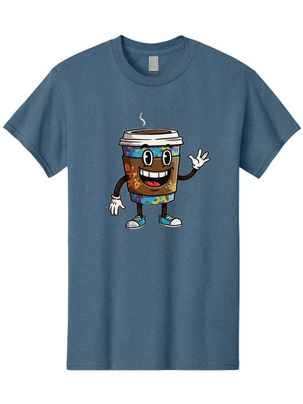 Coffee-Mug-Character Men'S Graphic Tee, 100% Cotton, Comfortable Casual Summer Wear, Machine Washable, Cartoon Personified Coffee Cup, Brown Coffee Cup Character, Smiling Coffee, Coffee Cup Mascot, Positive Vibes, Waving Coffee Cup, Baa378
