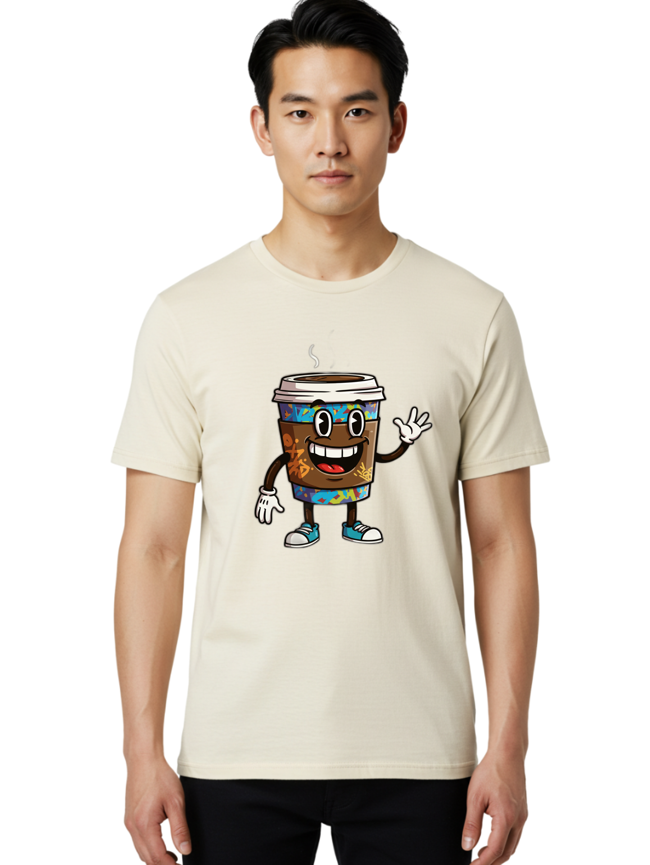 Coffee-Mug-Character Men'S Graphic Tee, 100% Cotton, Comfortable Casual Summer Wear, Machine Washable, Cartoon Personified Coffee Cup, Brown Coffee Cup Character, Smiling Coffee, Coffee Cup Mascot, Positive Vibes, Waving Coffee Cup, Baa378