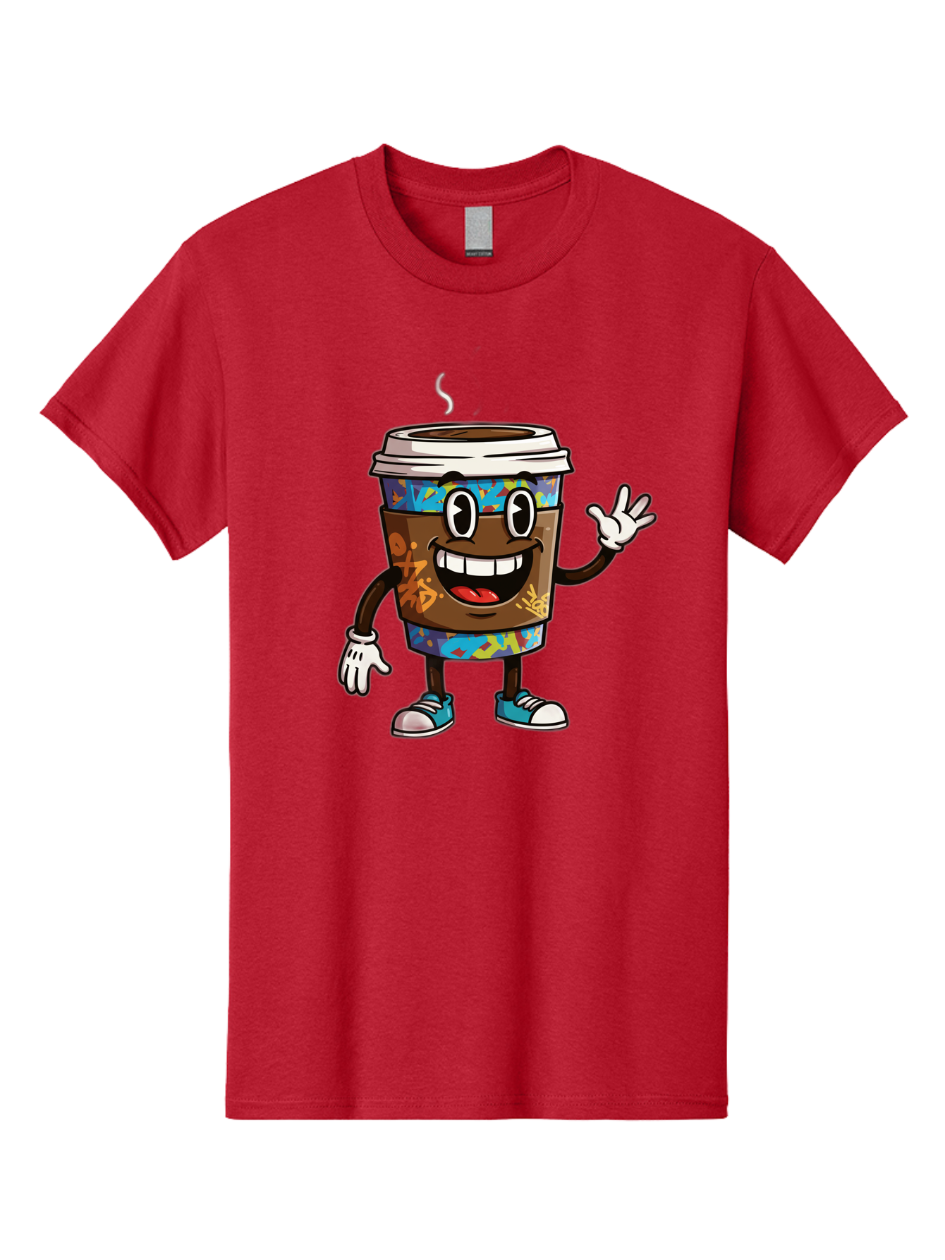 Coffee-Mug-Character Men'S Graphic Tee, 100% Cotton, Comfortable Casual Summer Wear, Machine Washable, Cartoon Personified Coffee Cup, Brown Coffee Cup Character, Smiling Coffee, Coffee Cup Mascot, Positive Vibes, Waving Coffee Cup, Baa378