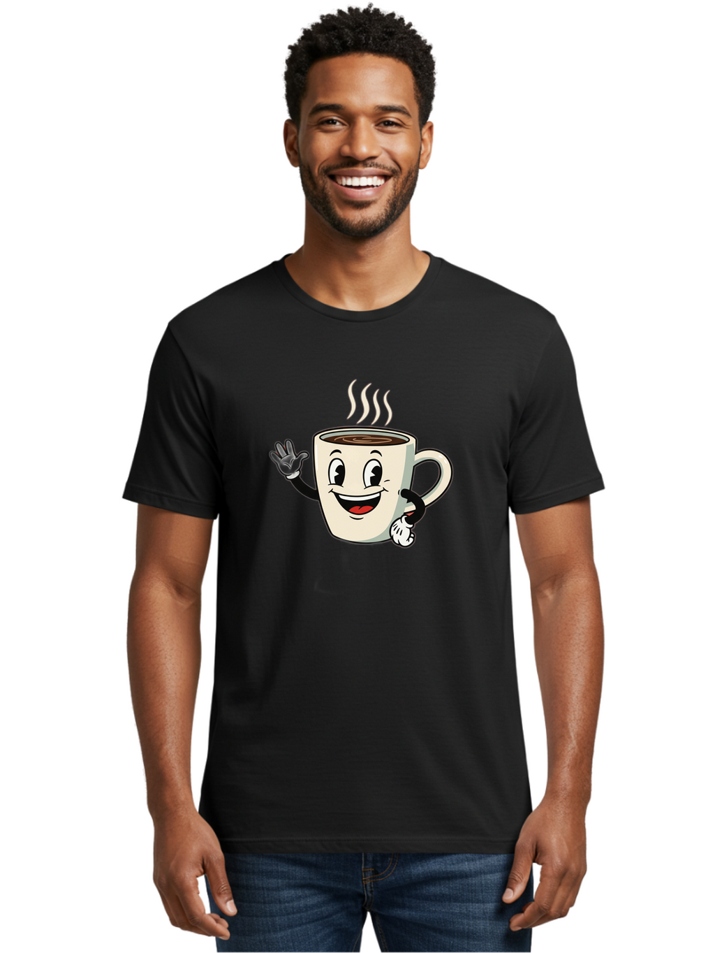 Coffee-Mug Men'S Graphic Tee, 100% Cotton, Comfortable Casual Summer Wear, Machine Washable, Cartoon Coffee Mug, Steaming Hot Coffee, Happy Face, Waving Hand, Smiling, Cheerful, Friendly, Coffee Break, Morning Pick-Me-Up Baa379