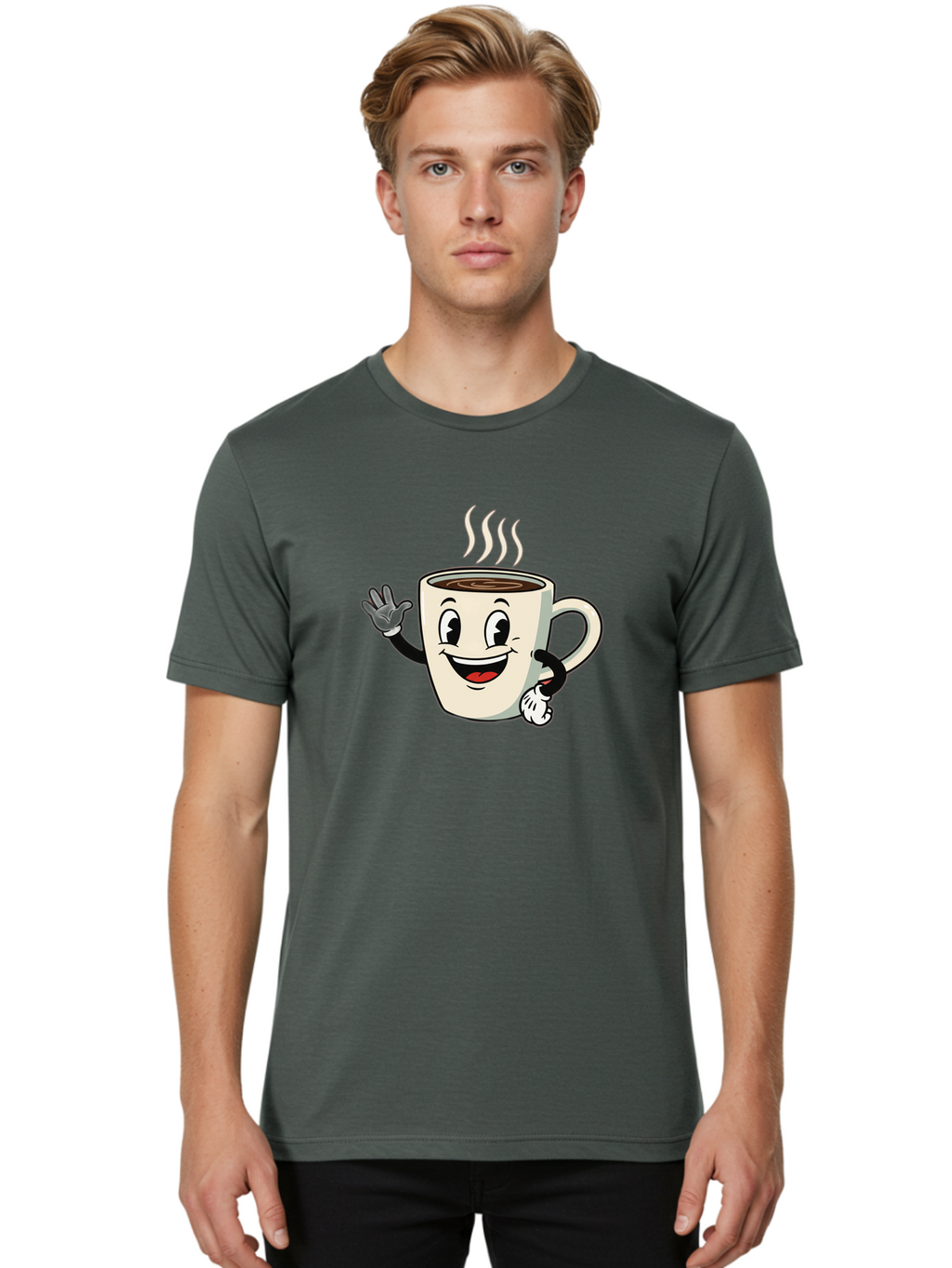 Coffee-Mug Men'S Graphic Tee, 100% Cotton, Comfortable Casual Summer Wear, Machine Washable, Cartoon Coffee Mug, Steaming Hot Coffee, Happy Face, Waving Hand, Smiling, Cheerful, Friendly, Coffee Break, Morning Pick-Me-Up Baa379