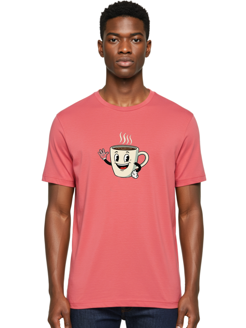 Coffee-Mug Men'S Graphic Tee, 100% Cotton, Comfortable Casual Summer Wear, Machine Washable, Cartoon Coffee Mug, Steaming Hot Coffee, Happy Face, Waving Hand, Smiling, Cheerful, Friendly, Coffee Break, Morning Pick-Me-Up Baa379