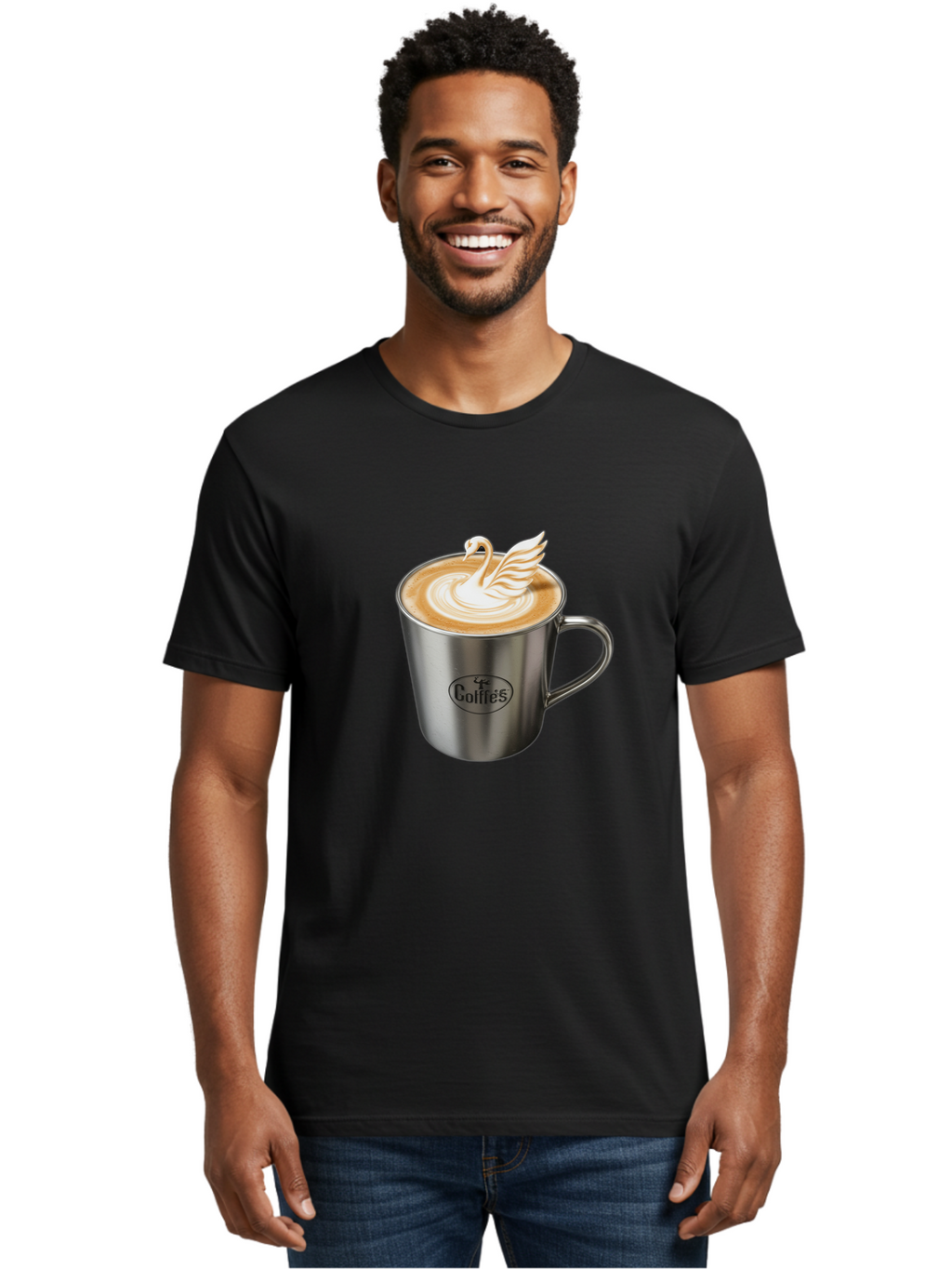 Coffies Men'S Graphic Tee, 100% Cotton, Comfortable Casual Summer Wear, Machine Washable, Coffee, Latte Art, Swan Design, Foamy Texture, Cappuccino, Beverage, Coffee Mug, Stainless Steel Mug, Coffies Branding, Coffee Culture Baa382