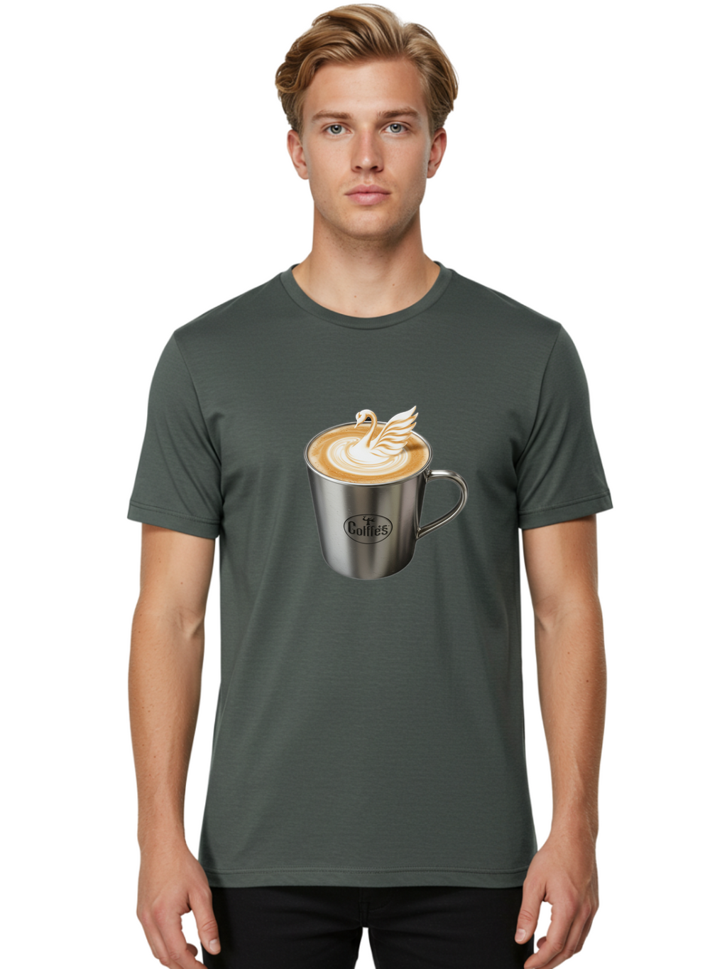 Coffies Men'S Graphic Tee, 100% Cotton, Comfortable Casual Summer Wear, Machine Washable, Coffee, Latte Art, Swan Design, Foamy Texture, Cappuccino, Beverage, Coffee Mug, Stainless Steel Mug, Coffies Branding, Coffee Culture Baa382