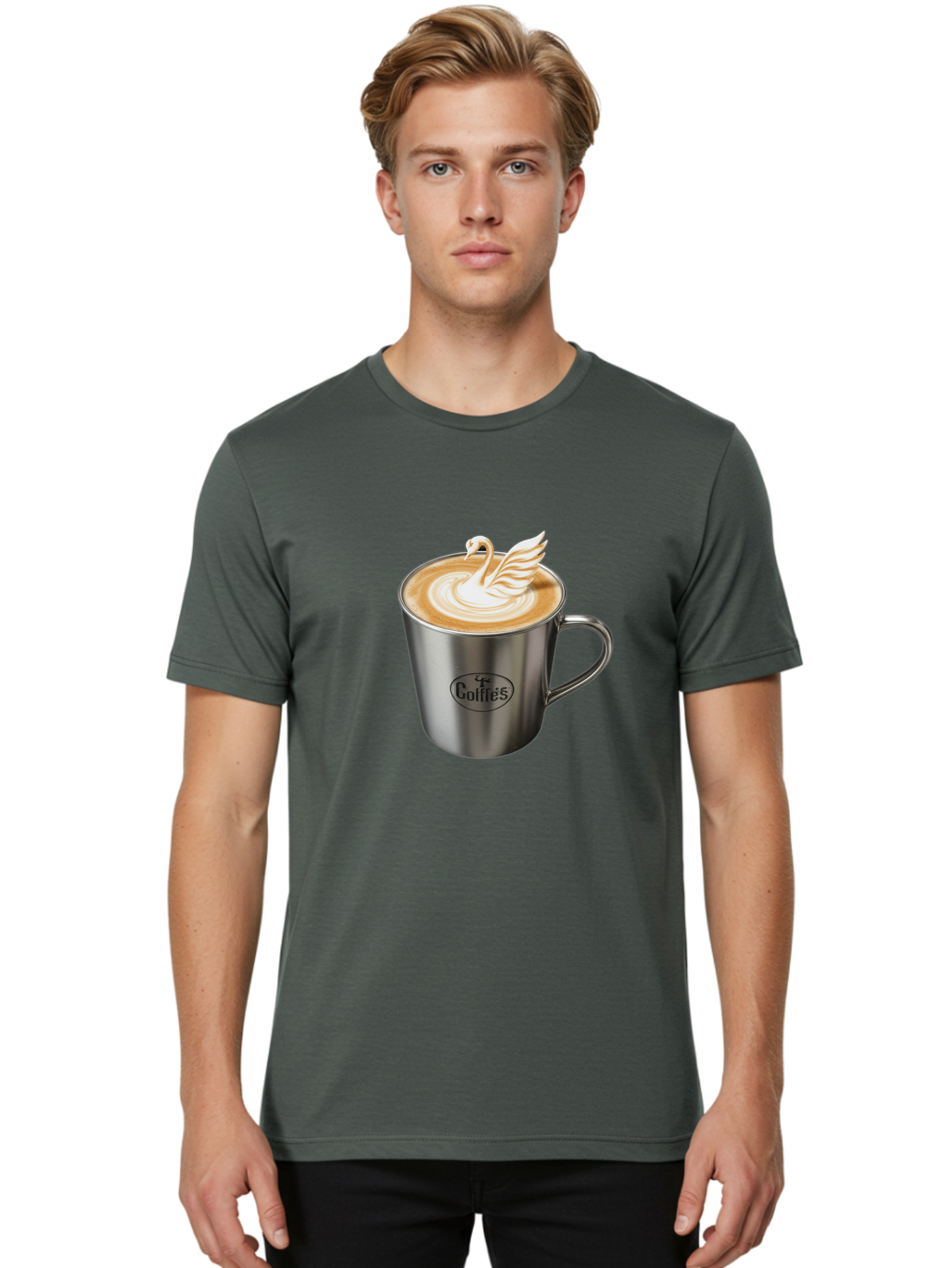 Coffies Men'S Graphic Tee, 100% Cotton, Comfortable Casual Summer Wear, Machine Washable, Coffee, Latte Art, Swan Design, Foamy Texture, Cappuccino, Beverage, Coffee Mug, Stainless Steel Mug, Coffies Branding, Coffee Culture Baa382