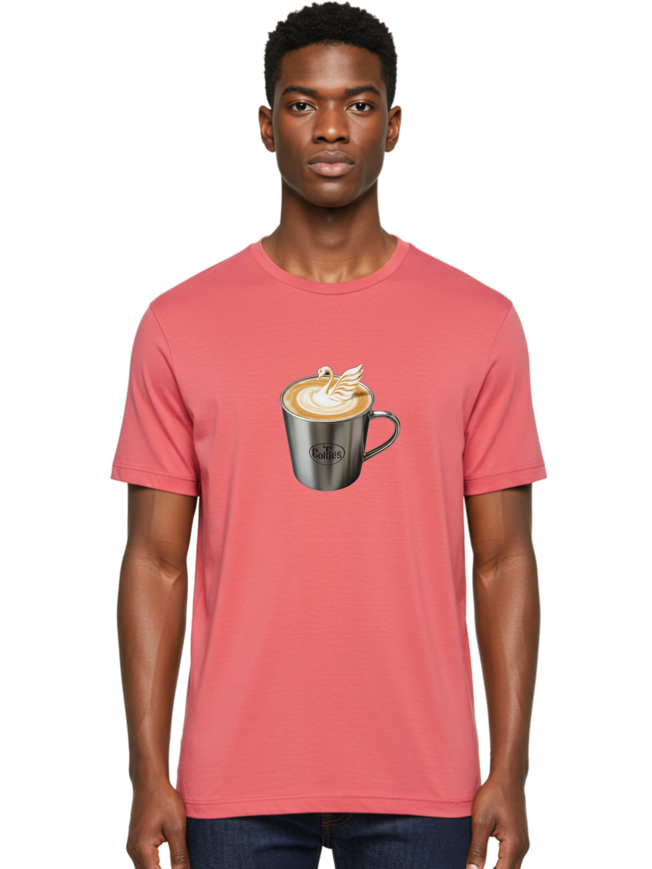 Coffies Men'S Graphic Tee, 100% Cotton, Comfortable Casual Summer Wear, Machine Washable, Coffee, Latte Art, Swan Design, Foamy Texture, Cappuccino, Beverage, Coffee Mug, Stainless Steel Mug, Coffies Branding, Coffee Culture Baa382