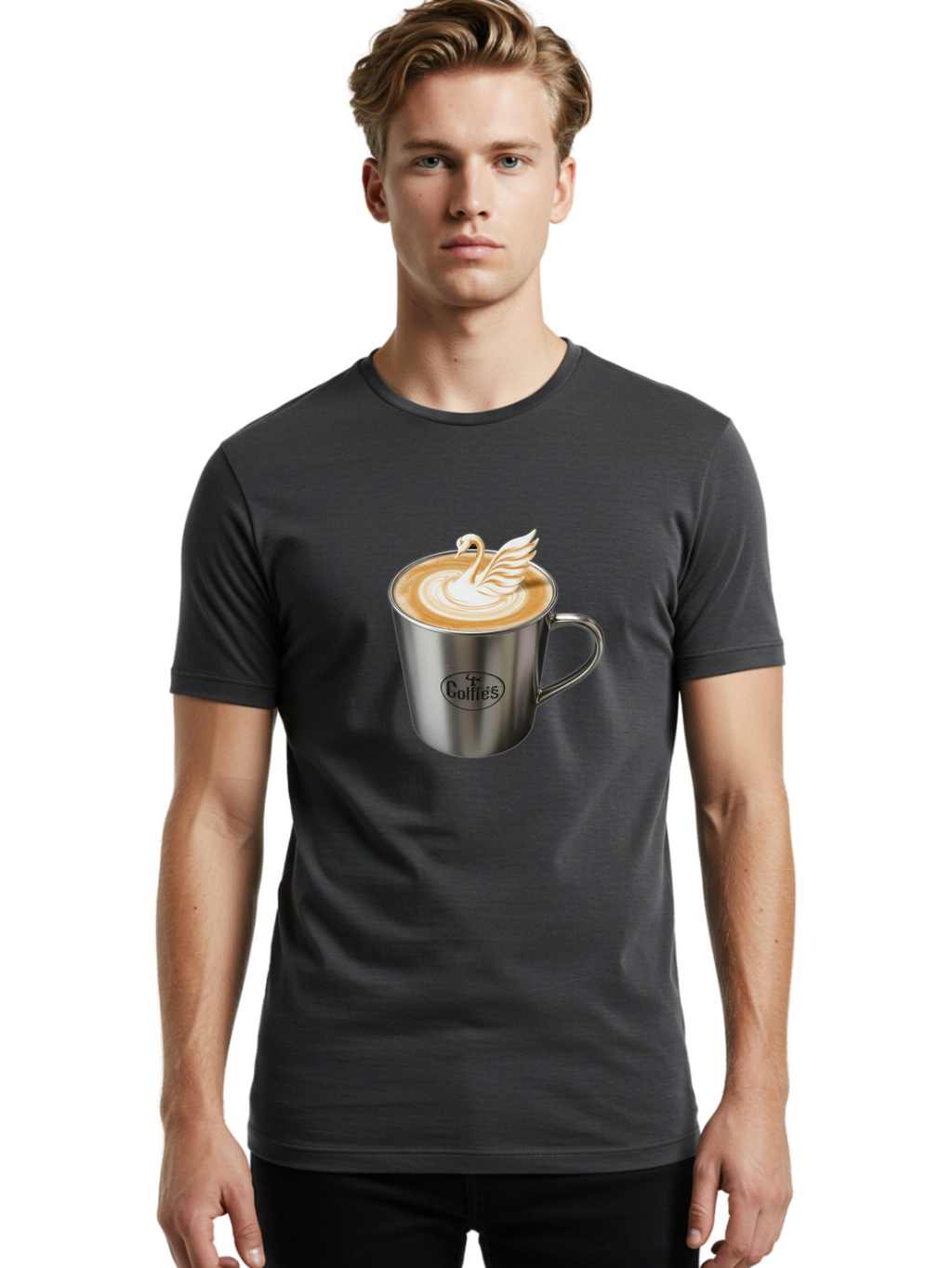 Coffies Men'S Graphic Tee, 100% Cotton, Comfortable Casual Summer Wear, Machine Washable, Coffee, Latte Art, Swan Design, Foamy Texture, Cappuccino, Beverage, Coffee Mug, Stainless Steel Mug, Coffies Branding, Coffee Culture Baa382