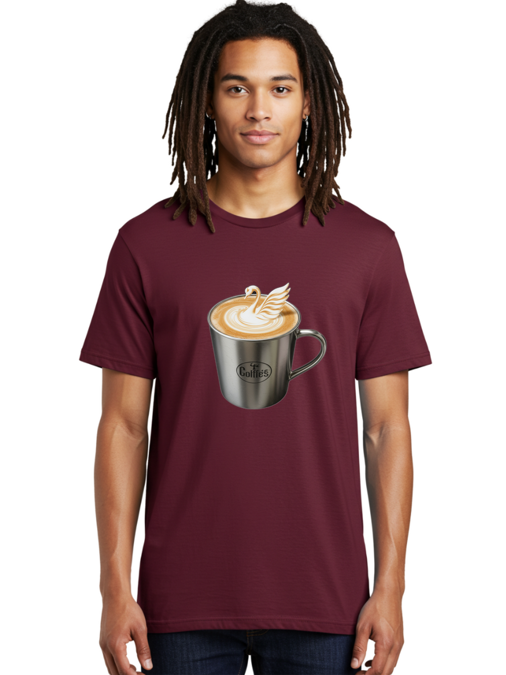 Coffies Men'S Graphic Tee, 100% Cotton, Comfortable Casual Summer Wear, Machine Washable, Coffee, Latte Art, Swan Design, Foamy Texture, Cappuccino, Beverage, Coffee Mug, Stainless Steel Mug, Coffies Branding, Coffee Culture Baa382