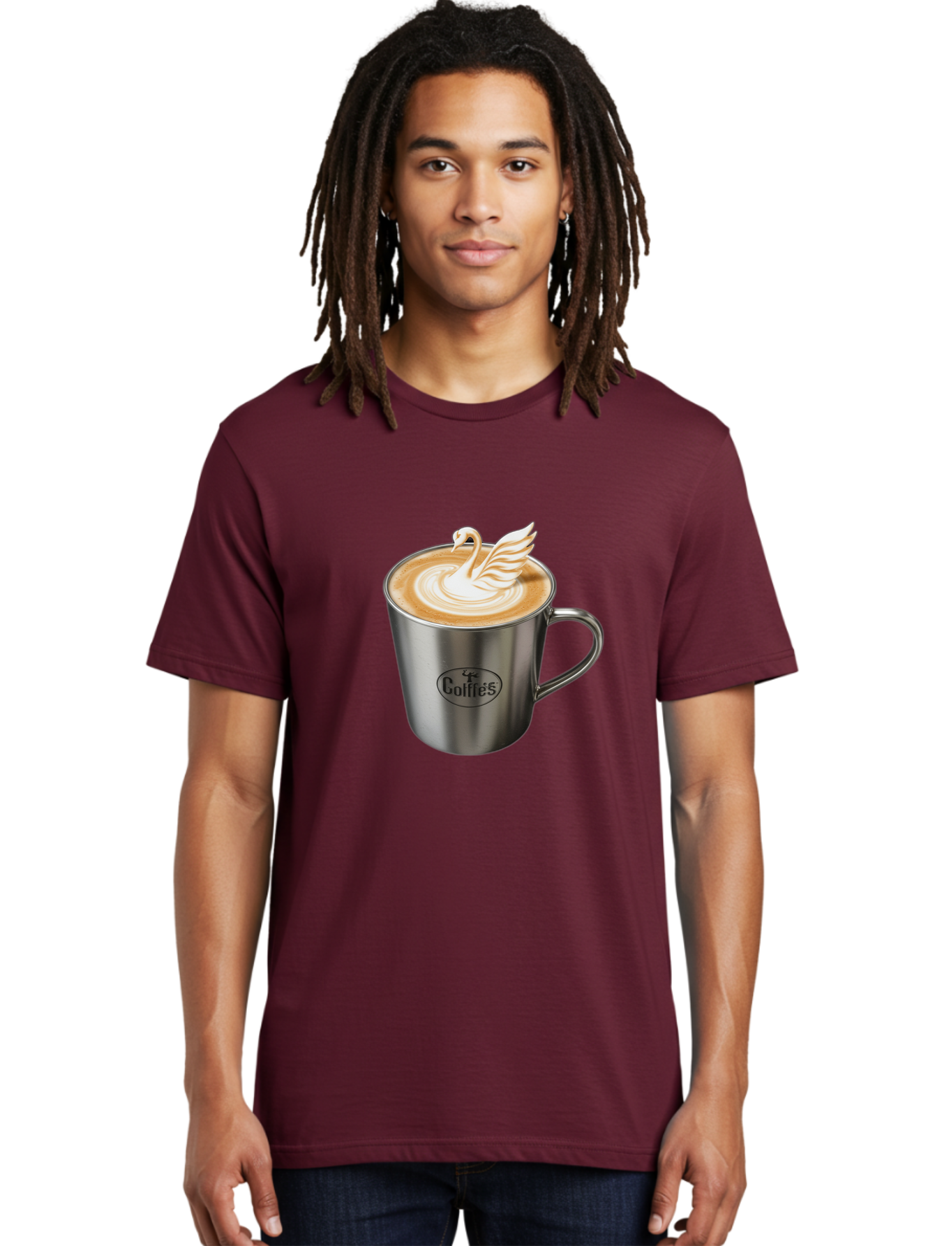 Coffies Men'S Graphic Tee, 100% Cotton, Comfortable Casual Summer Wear, Machine Washable, Coffee, Latte Art, Swan Design, Foamy Texture, Cappuccino, Beverage, Coffee Mug, Stainless Steel Mug, Coffies Branding, Coffee Culture Baa382