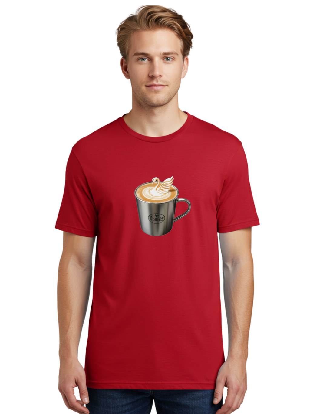 Coffies Men'S Graphic Tee, 100% Cotton, Comfortable Casual Summer Wear, Machine Washable, Coffee, Latte Art, Swan Design, Foamy Texture, Cappuccino, Beverage, Coffee Mug, Stainless Steel Mug, Coffies Branding, Coffee Culture Baa382