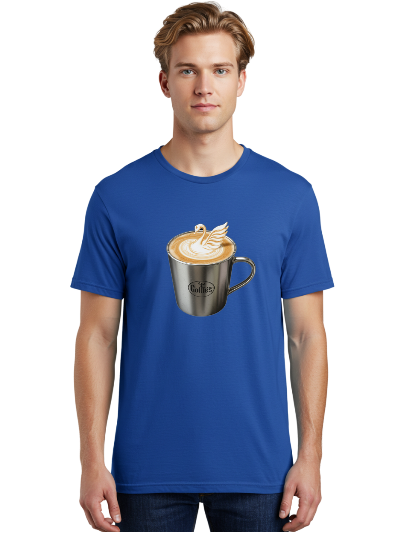 Coffies Men'S Graphic Tee, 100% Cotton, Comfortable Casual Summer Wear, Machine Washable, Coffee, Latte Art, Swan Design, Foamy Texture, Cappuccino, Beverage, Coffee Mug, Stainless Steel Mug, Coffies Branding, Coffee Culture Baa382