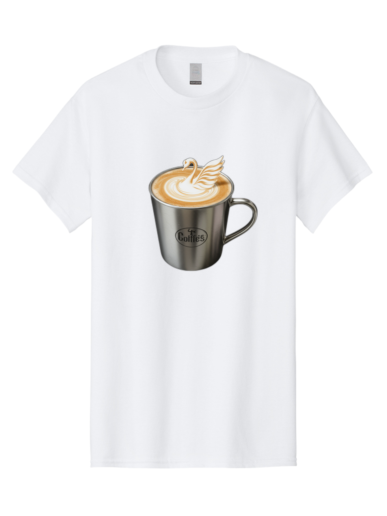 Coffies Men'S Graphic Tee, 100% Cotton, Comfortable Casual Summer Wear, Machine Washable, Coffee, Latte Art, Swan Design, Foamy Texture, Cappuccino, Beverage, Coffee Mug, Stainless Steel Mug, Coffies Branding, Coffee Culture Baa382