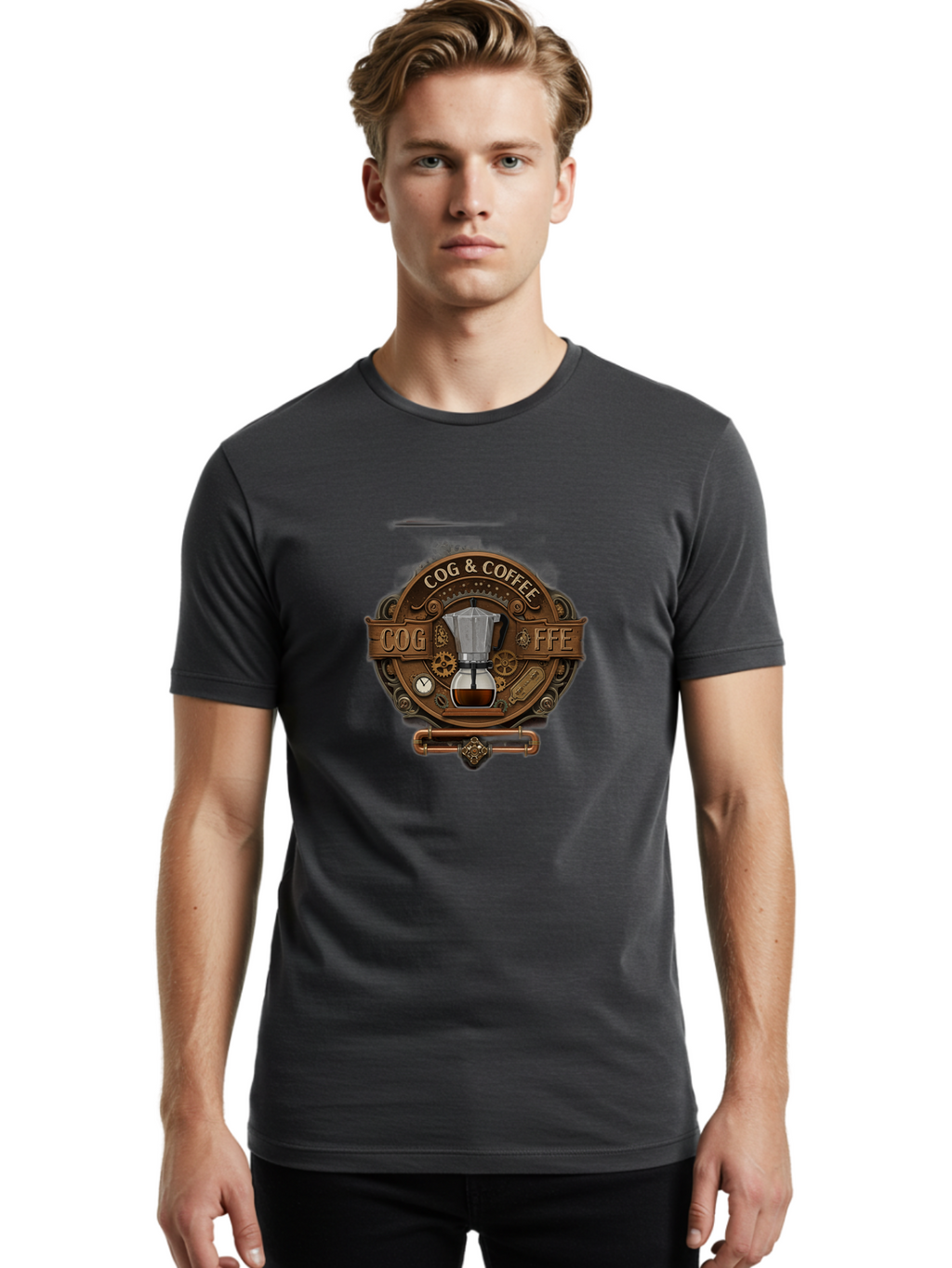 Cog-Coffee Men'S Graphic Tee, 100% Cotton, Comfortable Casual Summer Wear, Machine Washable, Steampunk Coffee Maker, Coffee Culture, Industrial Chic, Gears And Cogs, Vintage Coffee, Coffee Art, Metalwork, Steampunk Design, Cog & Coffee Logo Baa383
