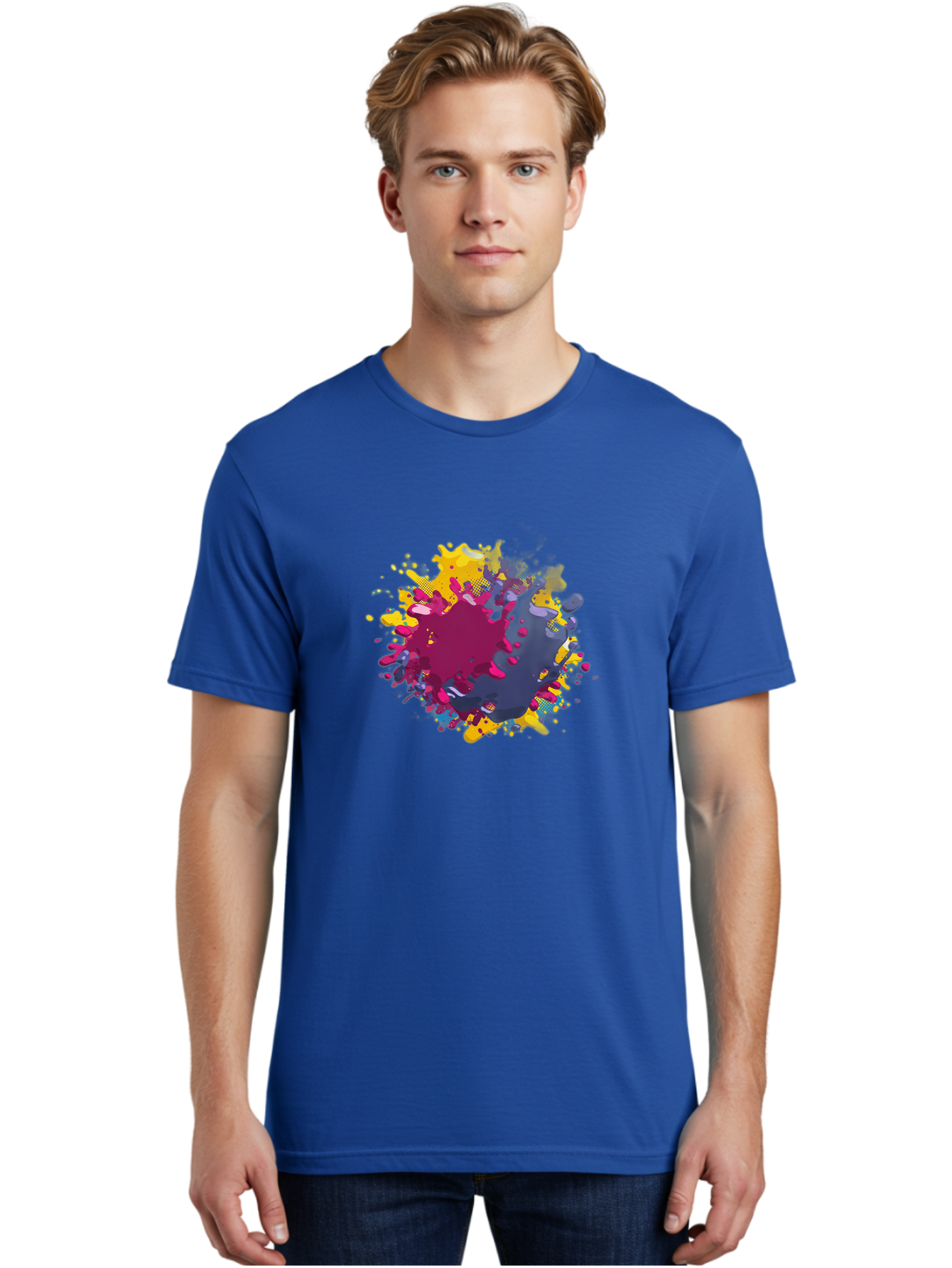Color-Splash Men'S Graphic Tee, 100% Cotton, Comfortable Casual Summer Wear, Machine Washable, Colorful Paint Splatter, Vibrant Colors, Abstract Art, Dynamic Shapes, Creative Design, Artistic Expression, Splattered Paint, Mixed Media Art Baa384