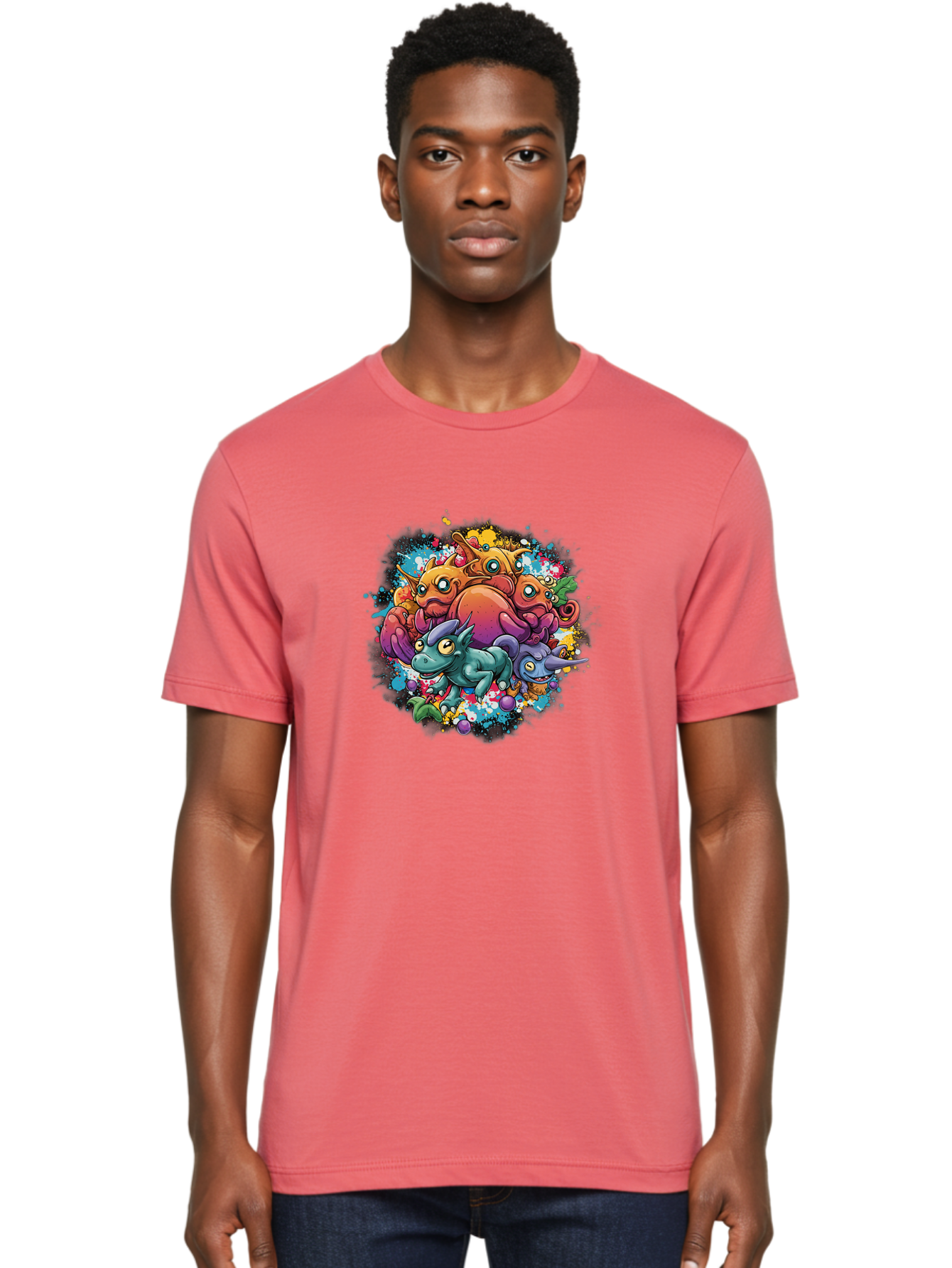 Colorful-Creatures Men'S Graphic Tee, 100% Cotton, Comfortable Casual Summer Wear, Machine Washable, Fantasy Creatures, Cartoon Characters, Colorful Illustration, Whimsical Creatures, Playful Design, Imaginative Art, Vibrant Colors, Baa385