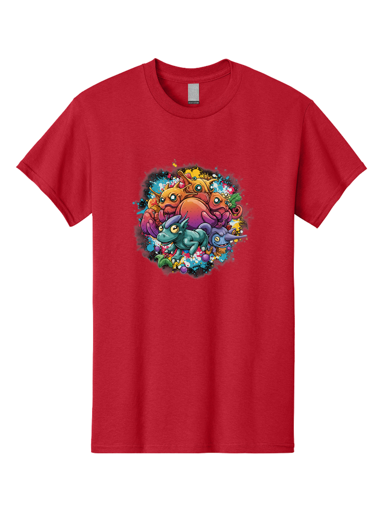 Colorful-Creatures Men'S Graphic Tee, 100% Cotton, Comfortable Casual Summer Wear, Machine Washable, Fantasy Creatures, Cartoon Characters, Colorful Illustration, Whimsical Creatures, Playful Design, Imaginative Art, Vibrant Colors, Baa385